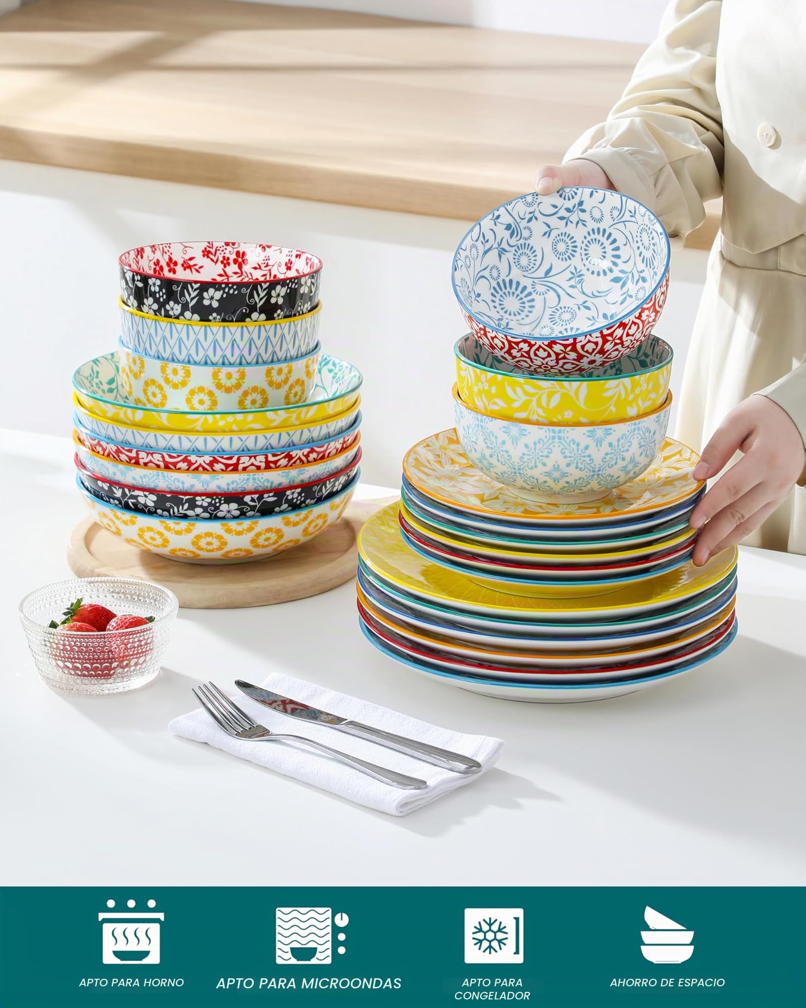 vancasso SELENE Vajillas Completas 6 Personas, Juego de 24 Piezas Vajillas en Porcelana Pastel - 6 Platos Llanos, 6 Platos de Postre, 6 Cuencos para Pasta y 6 Cuencos, Apto para Lavavajillas