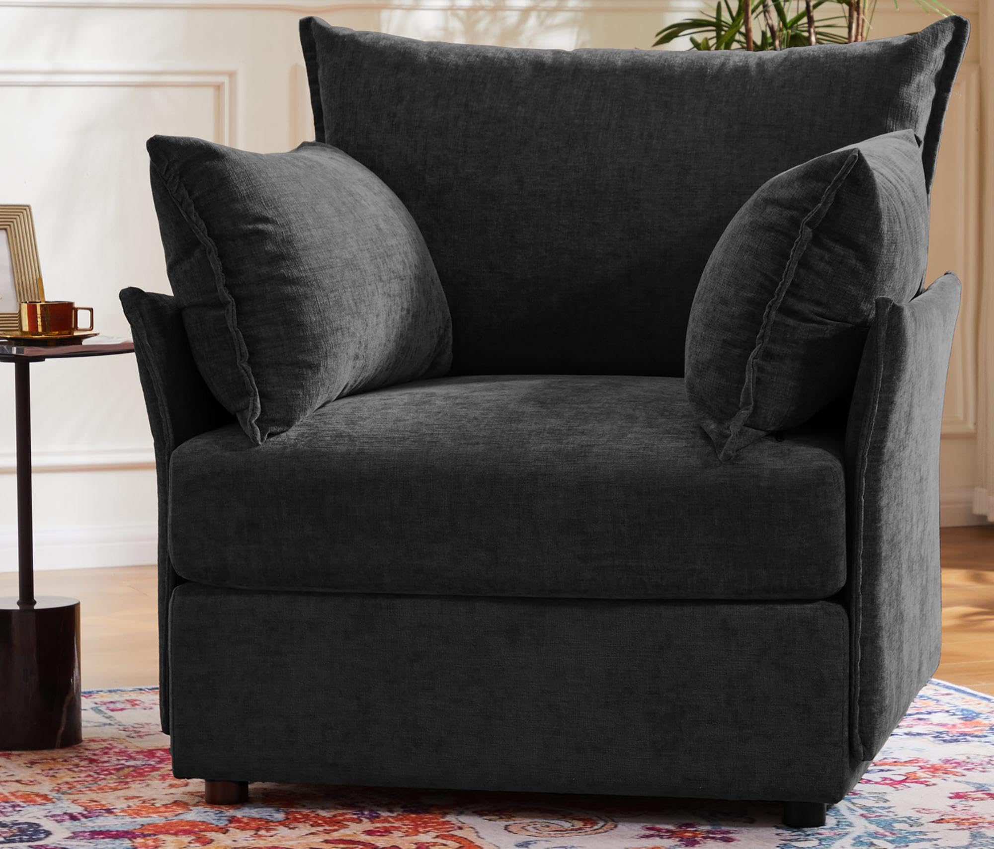 ABCASA Black Oversized Accent Chair with Removable & Washable Chenille Cover, Modern Mid-Century Upholstered Armchair, Deep Seat Comfy Reading Chair