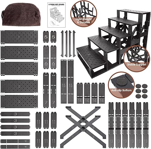 Miniatura 4 de HEVOL Escalones para mascotas para cama alta, escaleras ampliadas para perros de 5 niveles con funda extraíble y lavable, escaleras de plástico para