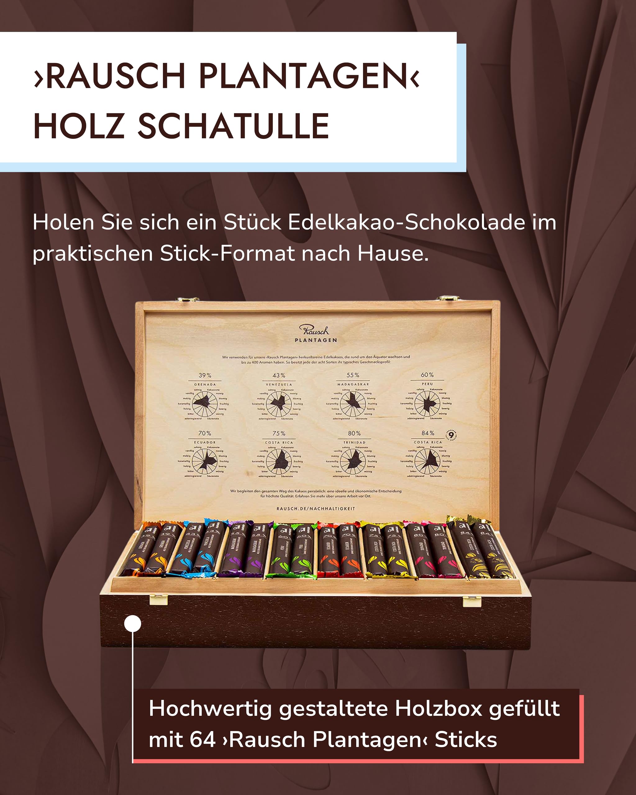 Rausch Plantagen Holz Schatulle – Holz Schachtel gefüllt mit 64 Sticks purer Edelschokolade – Schokolade aus aller Welt – Schokoladen Geschenkset