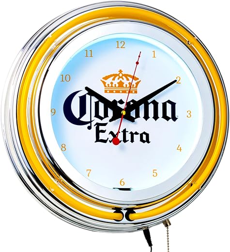 American Art Decor Retro Neon Wall Clock Round Battery Operated Vintage Analog Clock W/Pull Chain