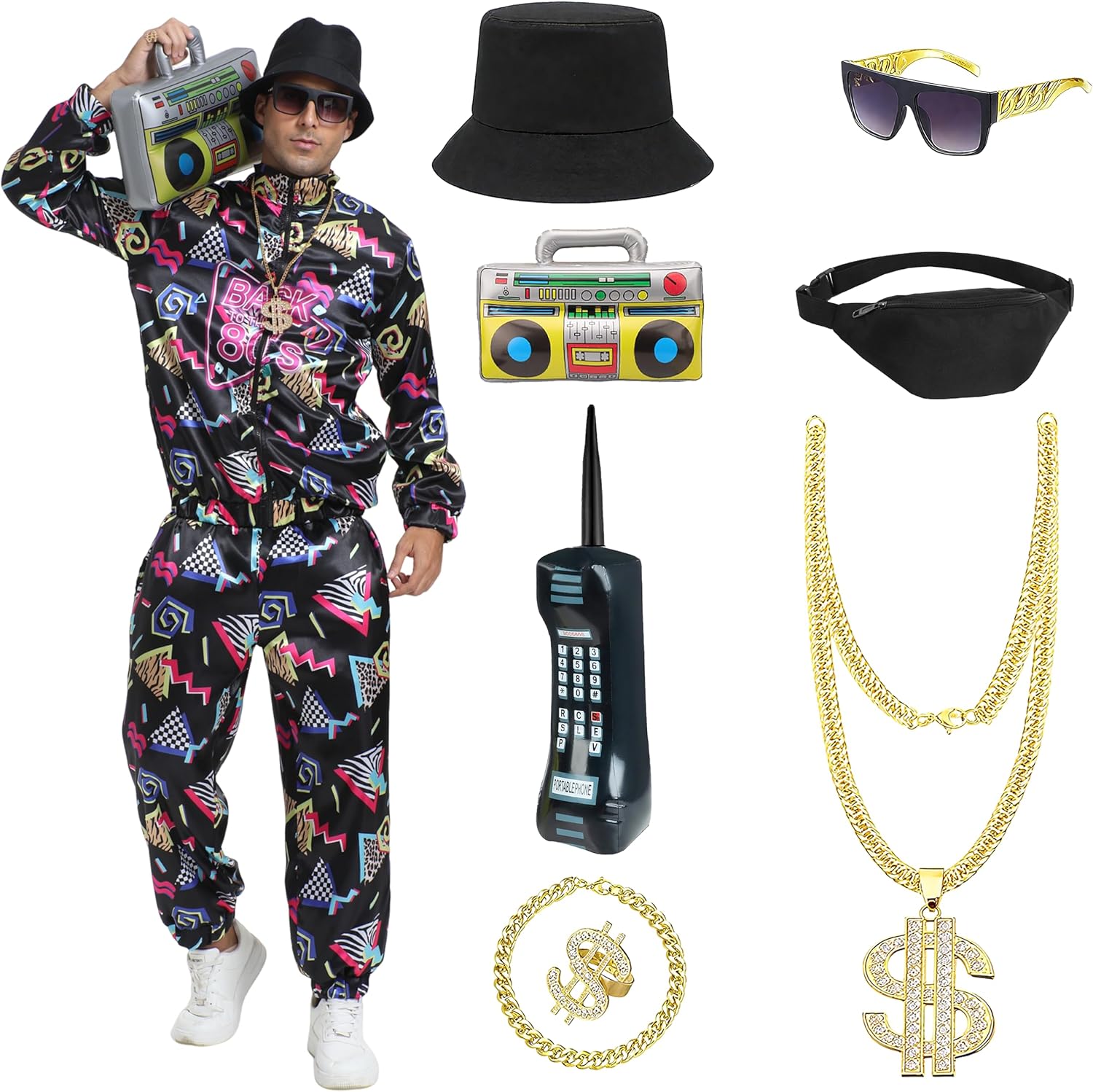 Retro 80s 90s Outfit for Men – 10-Pcs Vintage Costume Tracksuit Streetwear with Hip Hop Accessories