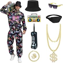 Retro 80s 90s Outfit for Men 10-Pcs Vintage Costume Tracksuit Streetwear with Hip Hop Accessories
