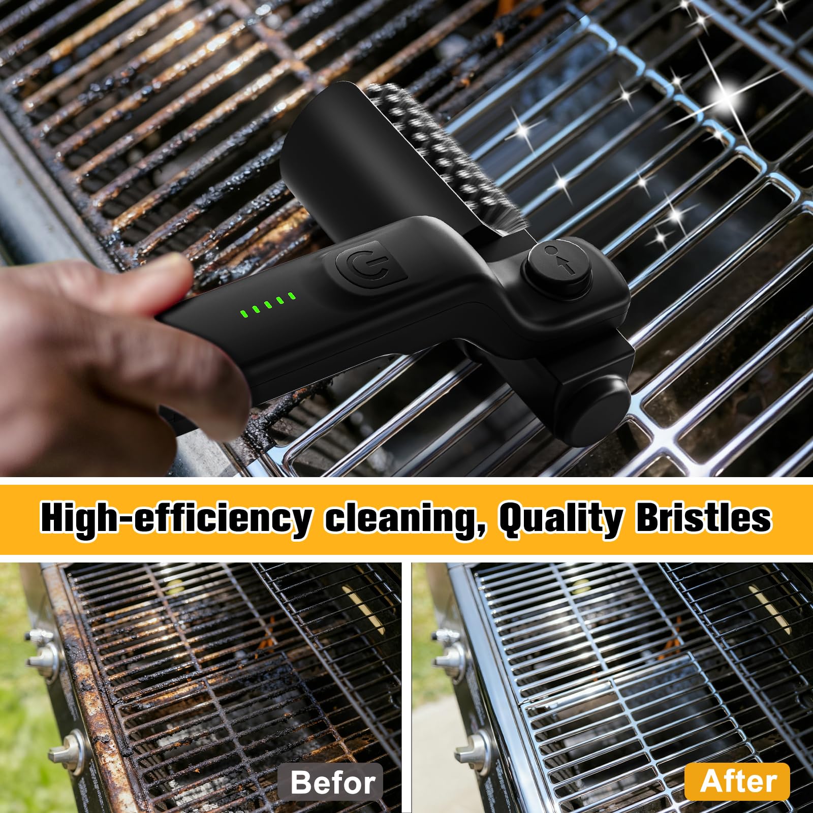 Cepillo eléctrico Mejorado para Parrilla：180° ángulo Ajustable Cepillo de Limpieza inalámbrico Recargable, Potencia de 3 velocidades, Cabezal de Cepillo de Acero Inoxidable