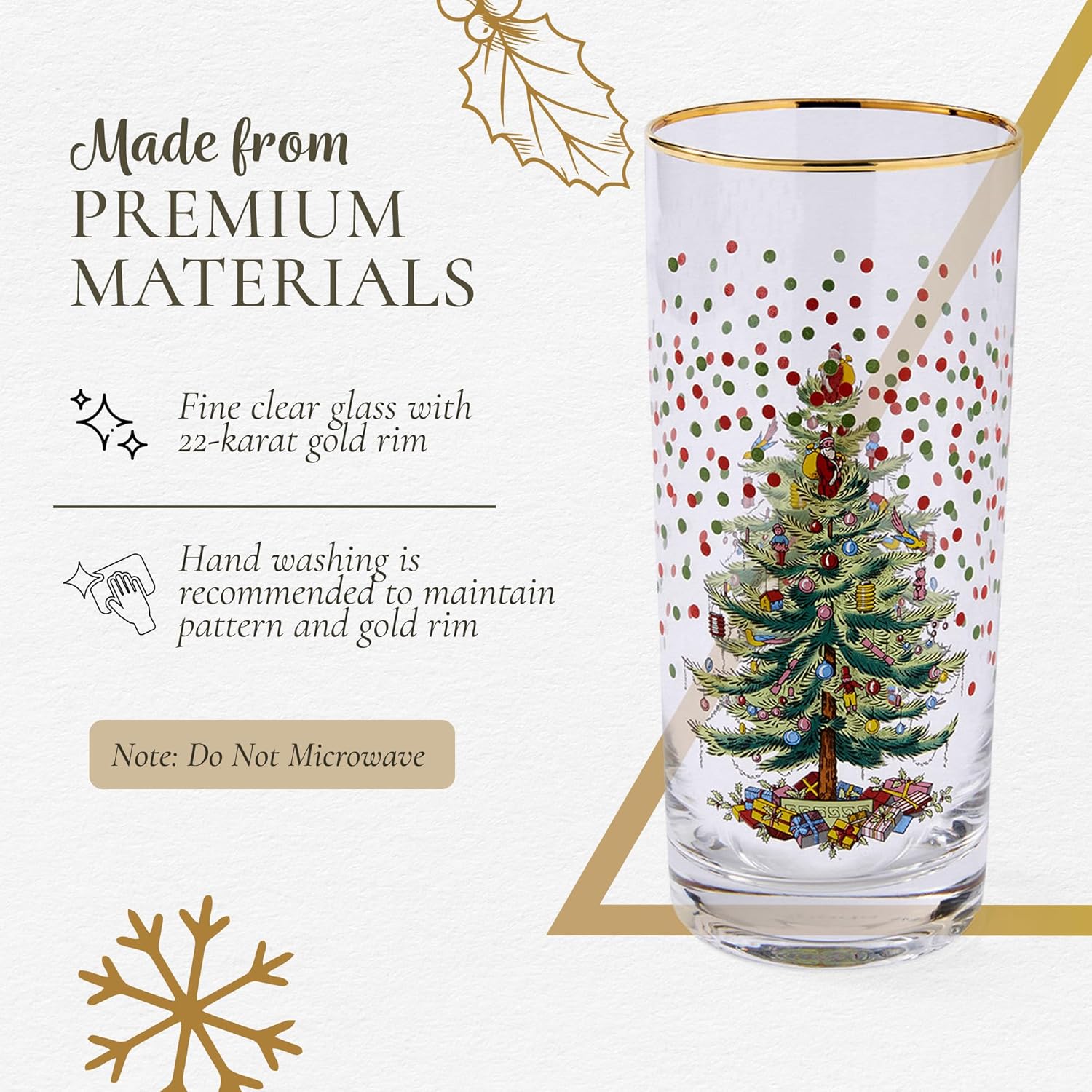 Spode Christmas Tree 15 Fl. Oz. Highball Glass (Set of 4), Polka Dot – Classic Highball & Barware, Cocktail Glasses for Mixed Drinks, Beverage Glasses for Holiday Celebrations