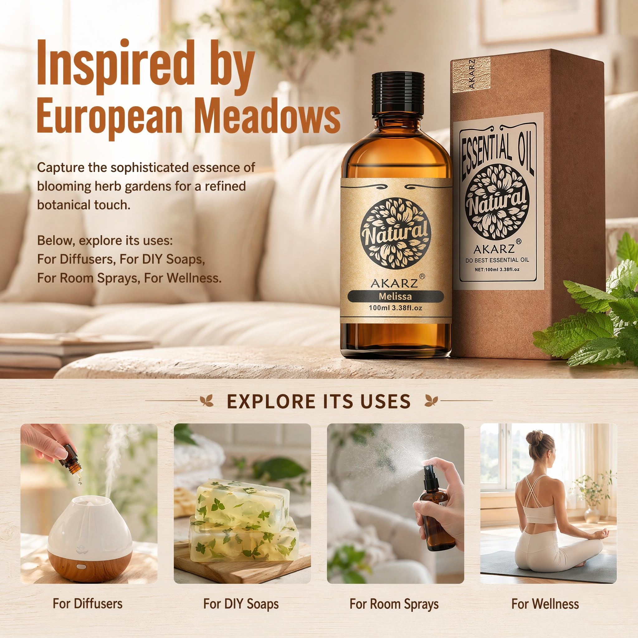 AKARZ 100ml Olejek esencjny z Melisy - Naturalny olejek aromatyczny do dyfuzorów, lamp aromatycznych i aromatów pomieszczeń