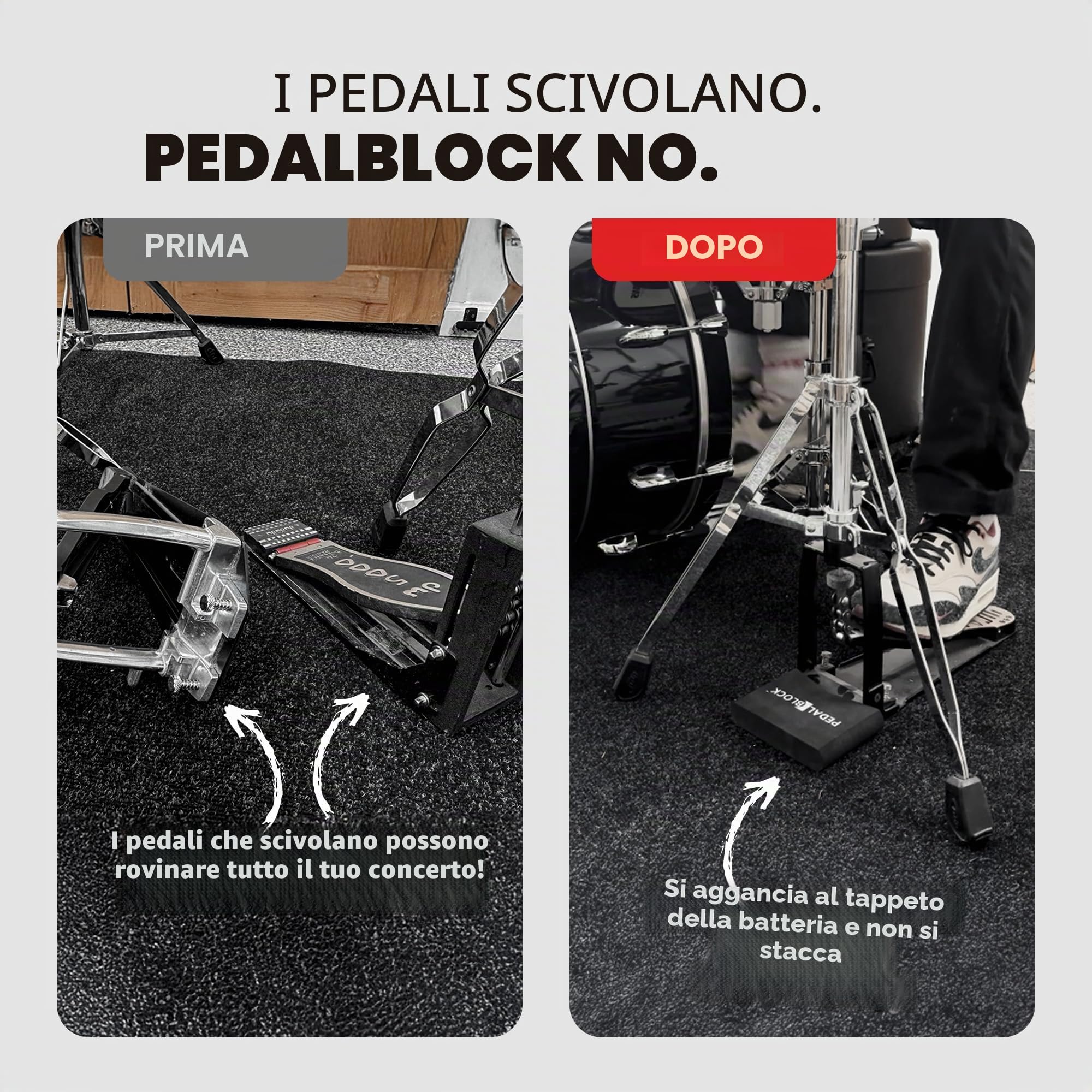 PedalBlock – Sistema di ancoraggio Hi-Hat e pedale – Prevenzione totale dello scorrimento – per doppio pedale, supporto Hi-Hat, pedale per tastiera, pedale per grancassa elettrica, accessori e regalo