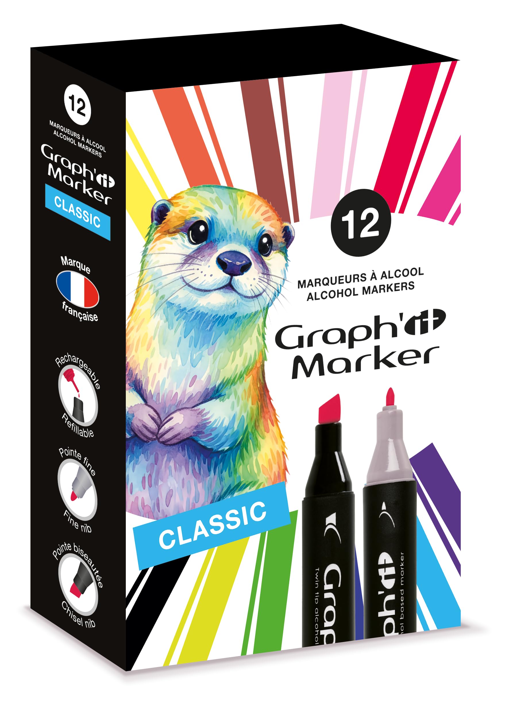 Graph'it - Set de 12 Markers à Alcool Double Pointe : Fine et Biseautée pour Dessin de Manga, Illustration, Colorant, Esquisse, Écriture - Rechargeables - Set Classic