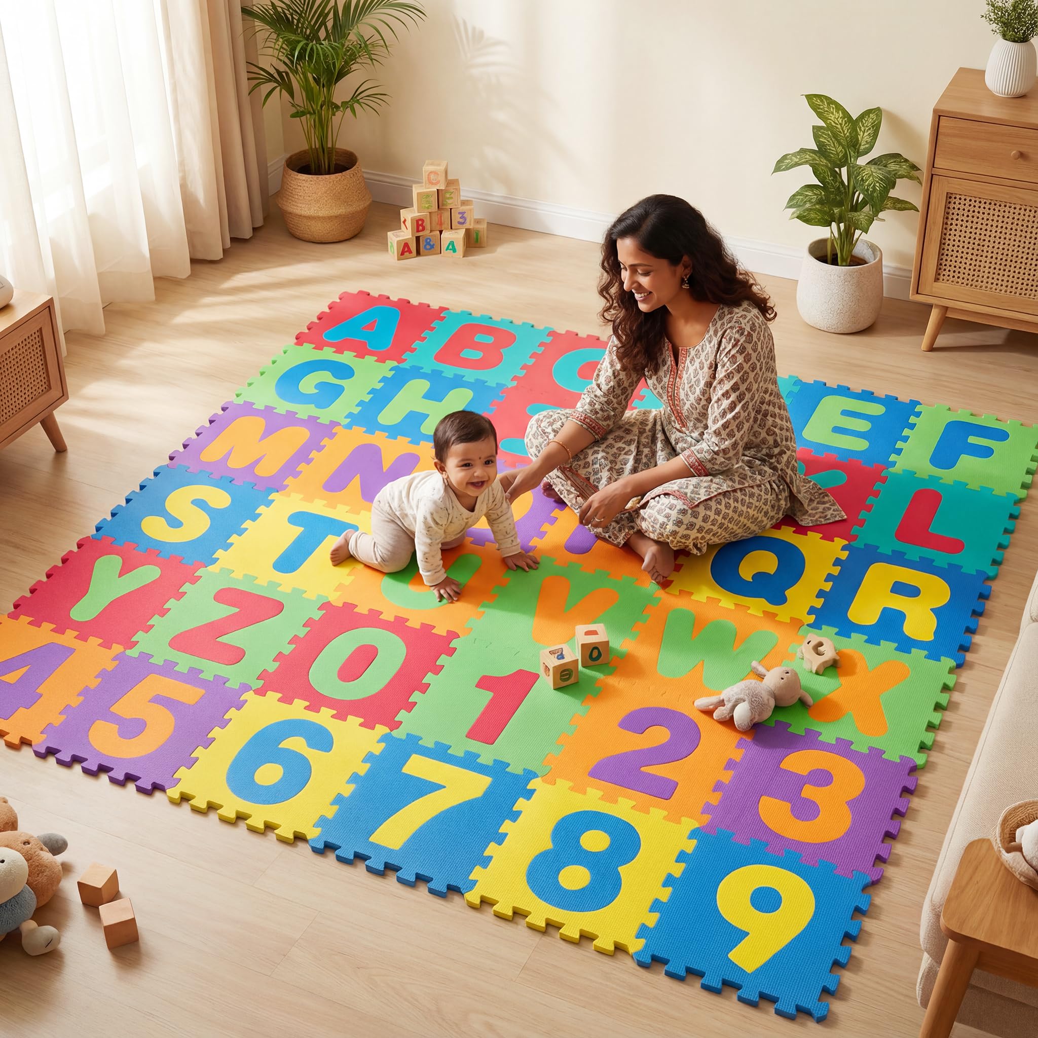 - A Baby Cherry - 36 Pcs Puzzle Playmat,Play mat for Babies, Baby mats for Floor,Alphabet (A-Z) & Numbers (0-9) EVA Foam Non Toxic Playmat, Interlocking Tiles (12X12 Inch) Ideal for Crawling Baby