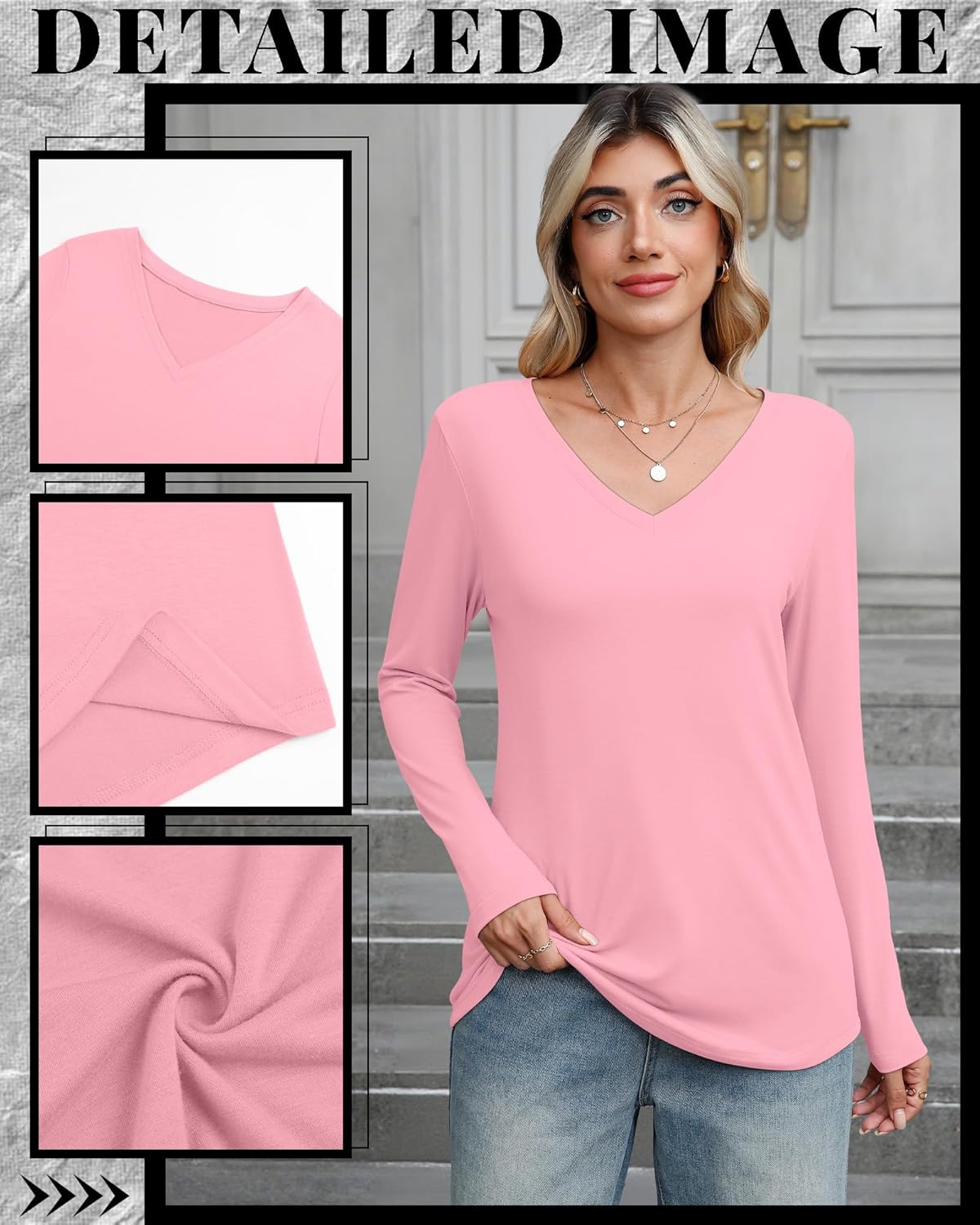 Ficerd 3 Pack Women's Long Sleeve Shirts, V Neck Cotton Blend Tops Loose Fit Casual T-Shirts Curved Hem Basic Layering Tees - Image 4