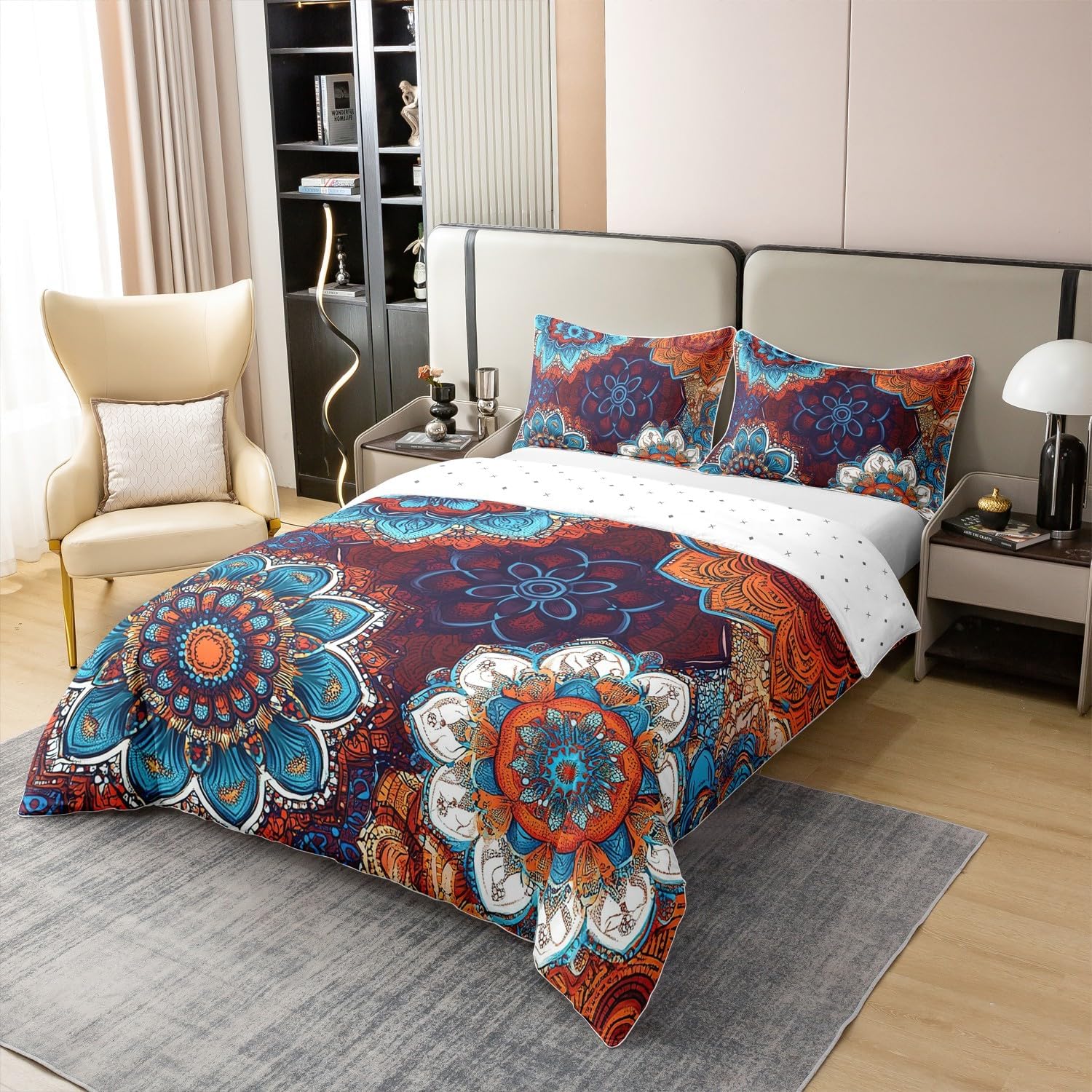 Erosebridal 100% Cotton Mexican Otomi Comforter Cover King,Bohemian Colorful Mandala Duvet Cover,Southwestern Retro Flower Floral Bedding Set,Boho Ombre Bright Teal Red Orange Tribe Quilt Cover