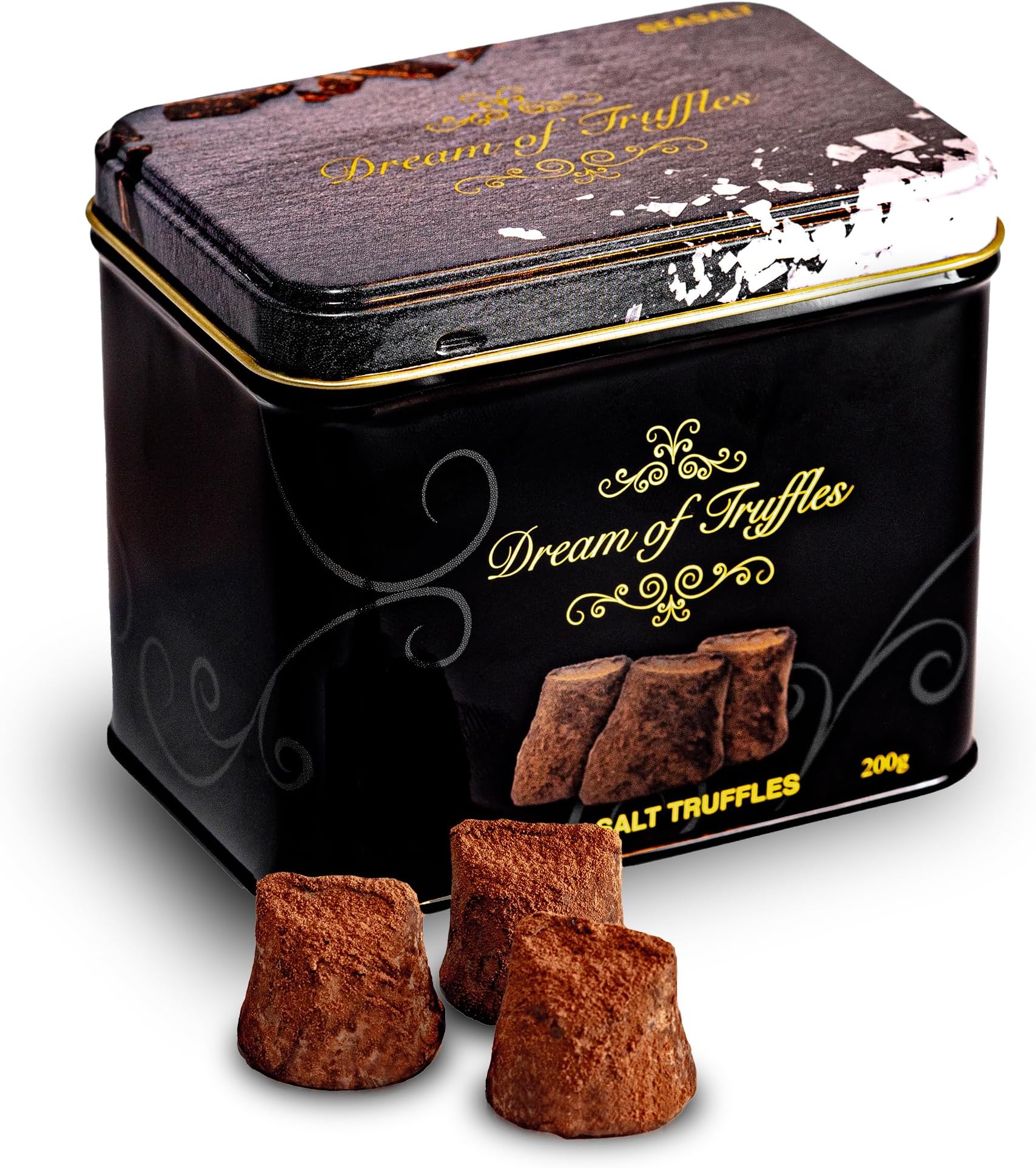 Dark Chocolate Truffles With Sea Salt | Rich Cocoa Dusted Candy Tin | Smooth Soft-Center Melt | Cocoa Powdered Coating | 7.05 oz | For Birthdays, Holidays & Gifting