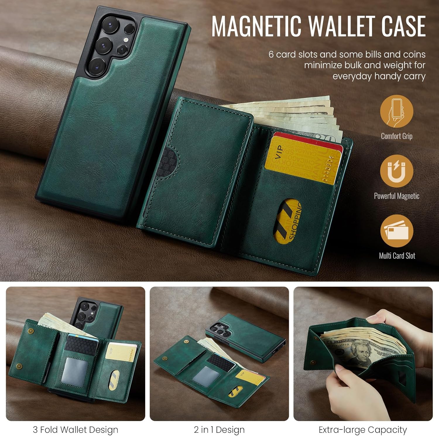 Asuwish Phone Case for Samsung Galaxy S24 Ultra 5G Wallet Magnetic Detachable Cell Cover with Wireless Charging and RFID Blocking Credit Card Holder Stand S24Ultra 24S S 24 24Ultra Women Men Green