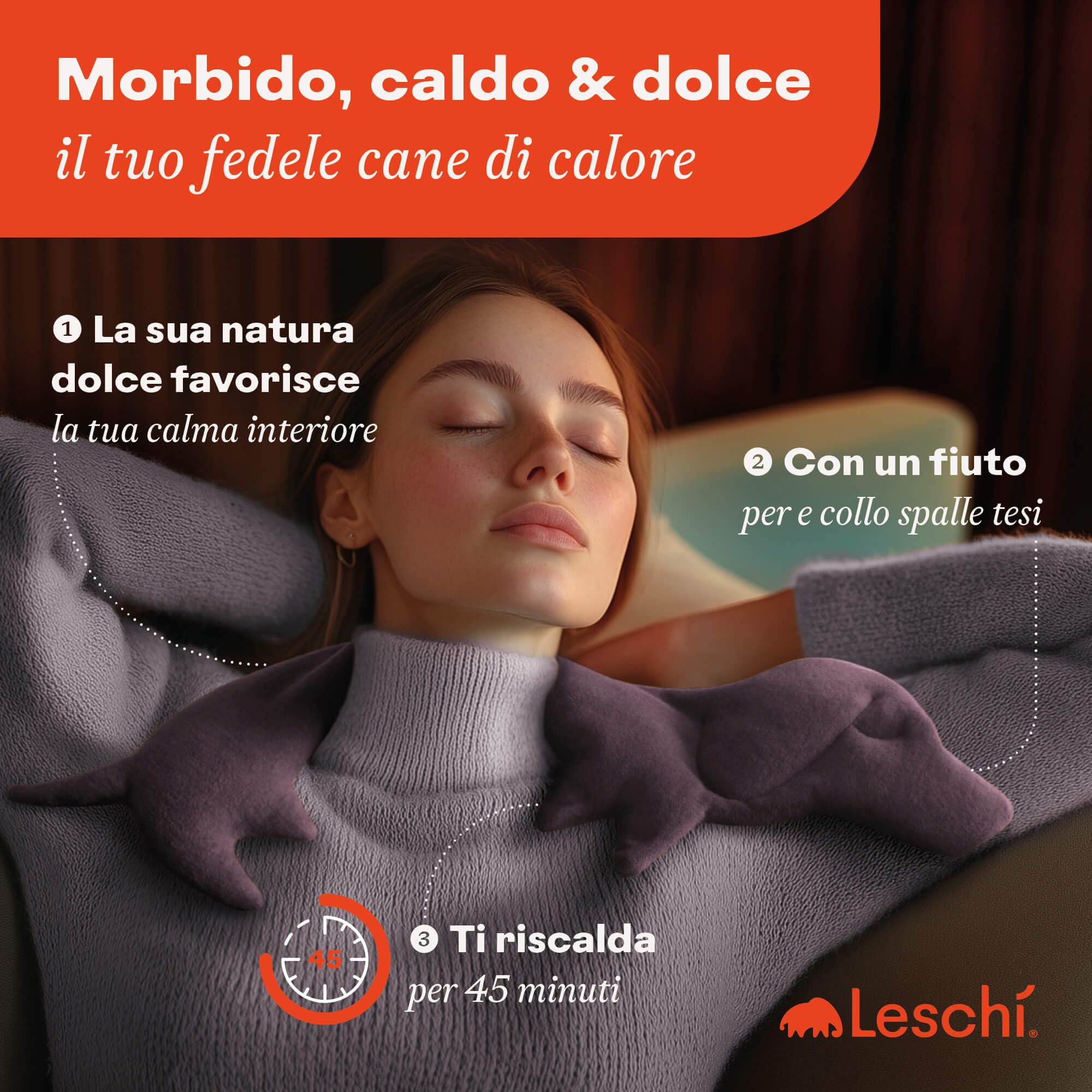 LESCHI Cuscino cervicale termico per microonde, 100% cotone e grano biologico, cane viola, cuscino riscaldante ideale come fonte di calore in inverno e per alleviare tensioni a spalla schiena collo