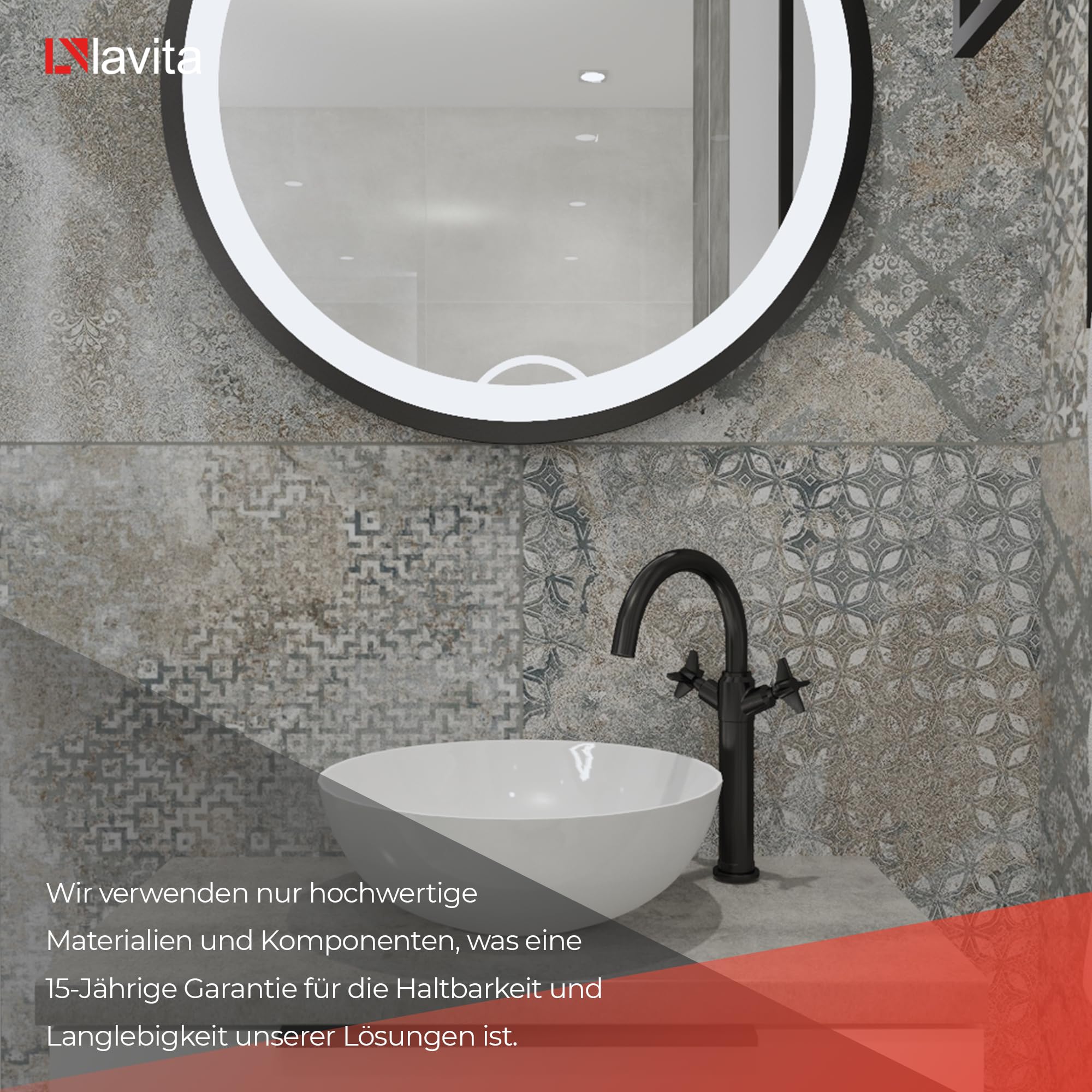 LAVITA Lavabo de encimera redondo | lavabo redondo | lavabo sin rebosadero y orificio para grifo | de porcelana de alta calidad | lavabo | 41,5 x 41 x 14 cm | blanco brillante