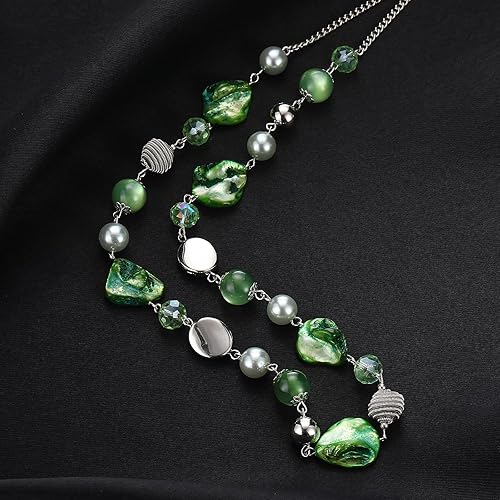 Miniatura 3 de FULU AUTUMN Collares largos de cuentas para mujer, collar de cadena de eslabones plateados con cuentas de cristal de concha, regalos de fiesta para