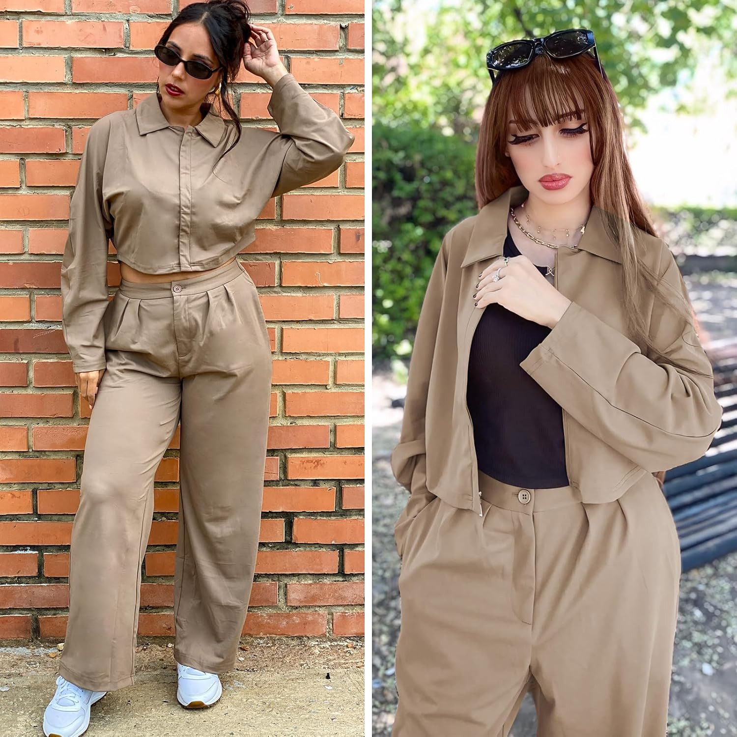 EXLURA Womens 2 Piece Outfits Long Sleeve Zip Up Crop Jackets Long Wide Leg Pant Suits Spring Airport Travel Matching Sets - Image 3