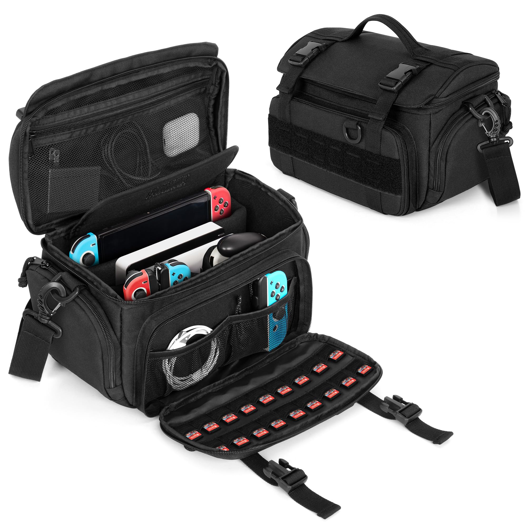 PGmoon Torba na ramię kompatybilna z Nintendo Switch/Switch 2/ASUS ROG Ally, ochronna taktyczna torba na ramię z 18 kieszeniami na karty do gier i wieloma przegródkami na dok, zasilacz, kontrolery