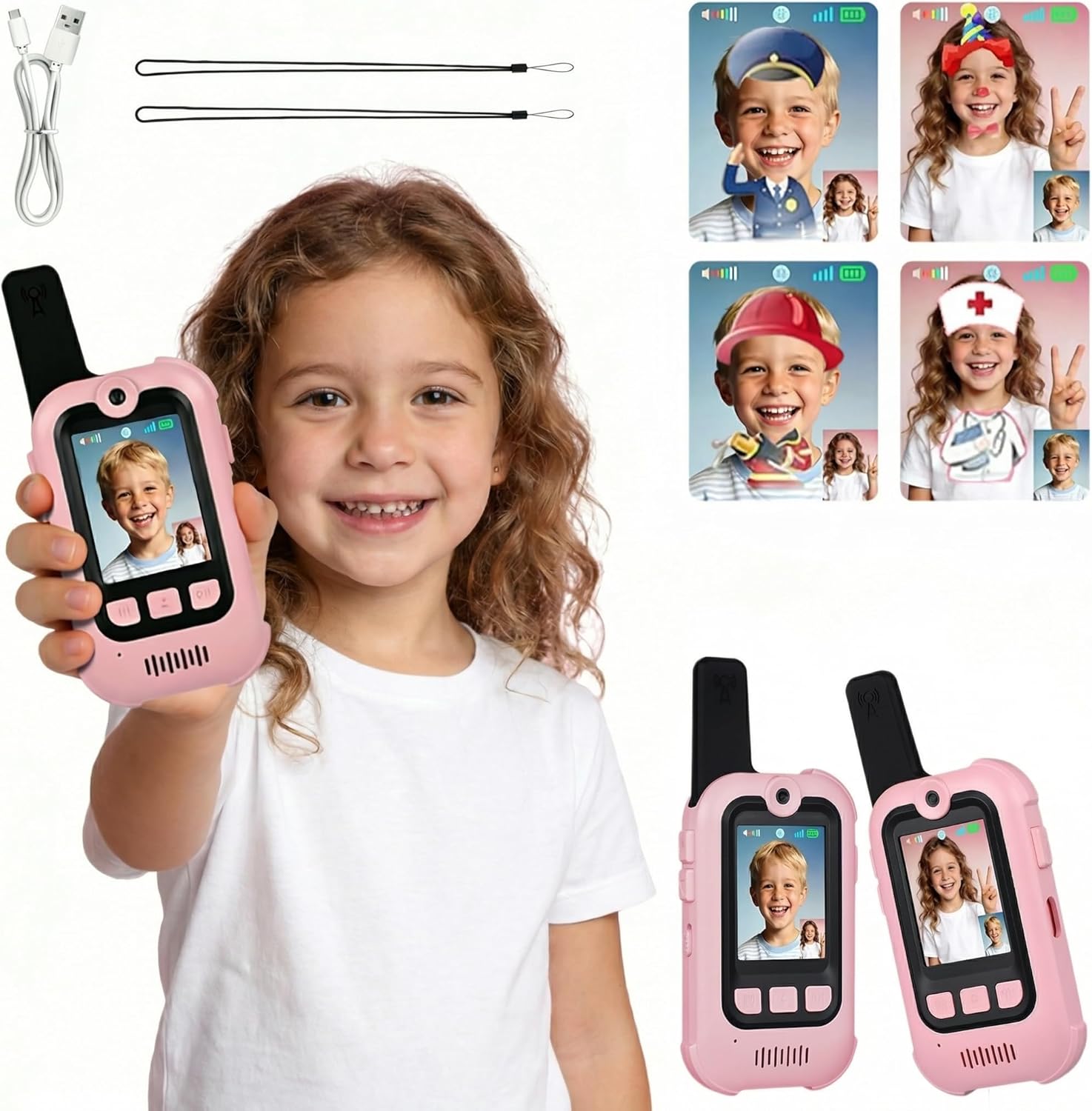 Kids Walkie Talkies 2 Pack, Kids Video Walkie Talkies with Screen, 4 Voice Changer & Cute Stickers, 1000FT Long Range Gift Toys for Girl Age 3-10, Walkie Talkies for Kids Outdoor Camping Hiking