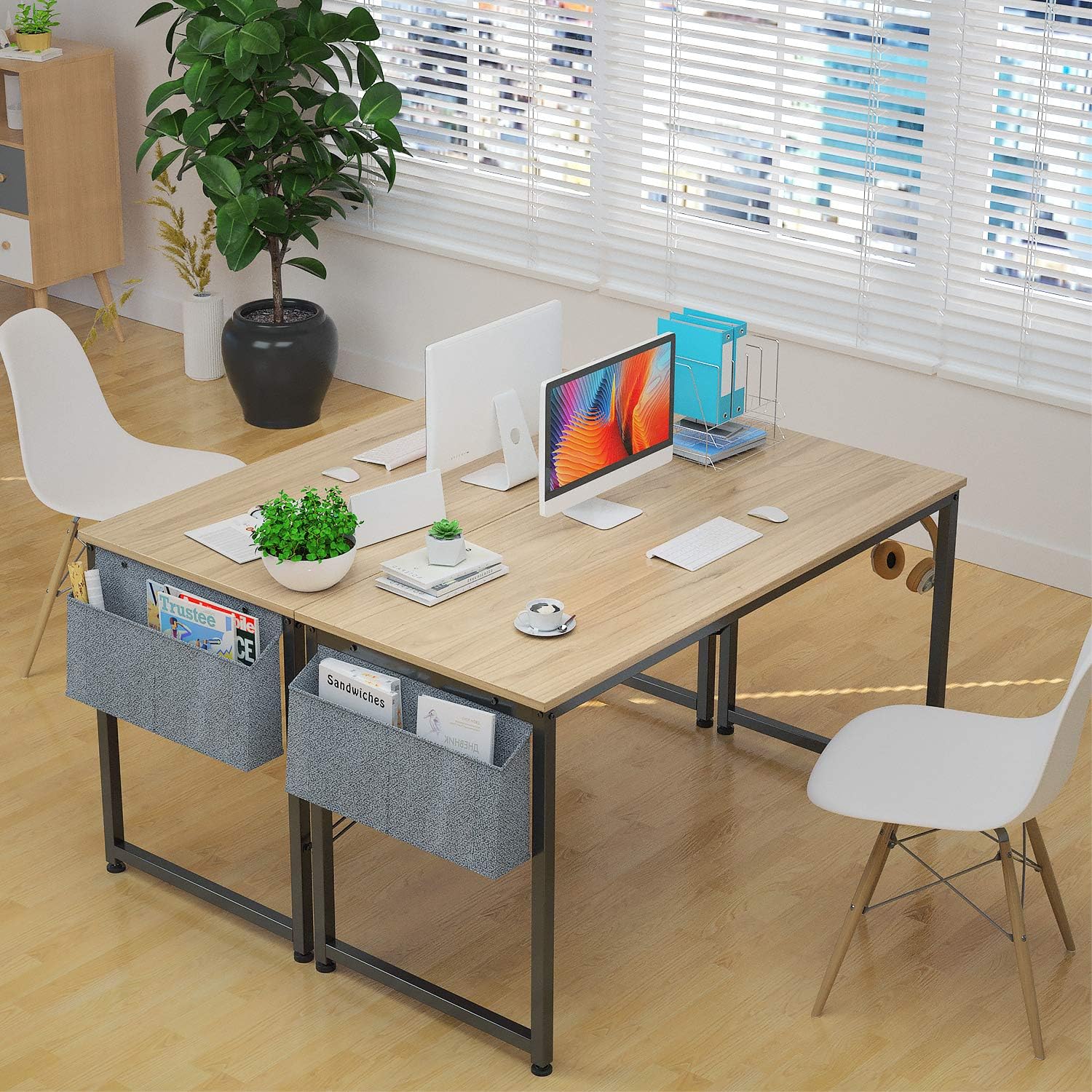 Foxemart Computer Desk Modern Sturdy Writing Study Desk Simple PC Laptop Notebook Table with Storage Bag and Iron Hook for Home Office Workstation, Natural : Everything Else