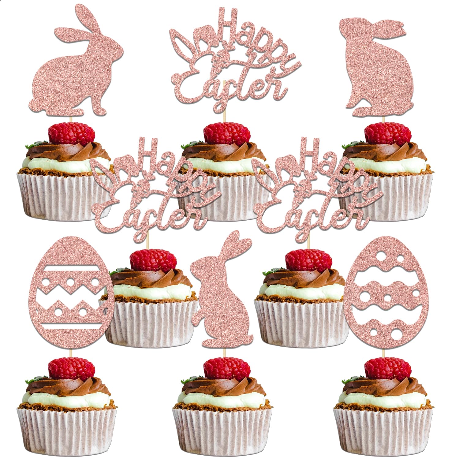 24Pcs Welcome Spring Easter Happy Easter Cupcake Topper Rose Gold Glitter