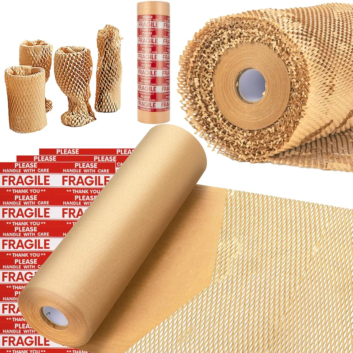 Honeycomb Packing Paper, MINHAO 15&#34;x300&#39; Eco Friendly Packing Paper for Moving Recyclable Honeycomb Paper Moving Supplies Bubble Paper Wrapping Protective Roll, With 36 Fragile Sticker Labels