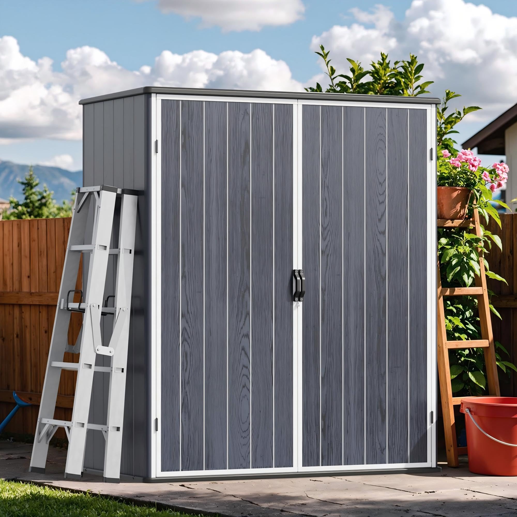Devoko 5x3 FT Resin Outdoor Storage Shed with Floor, Plastic Outdoor Storage Cabinet, Waterproof Vertical Tool Shed with Lockable Door for Patio,