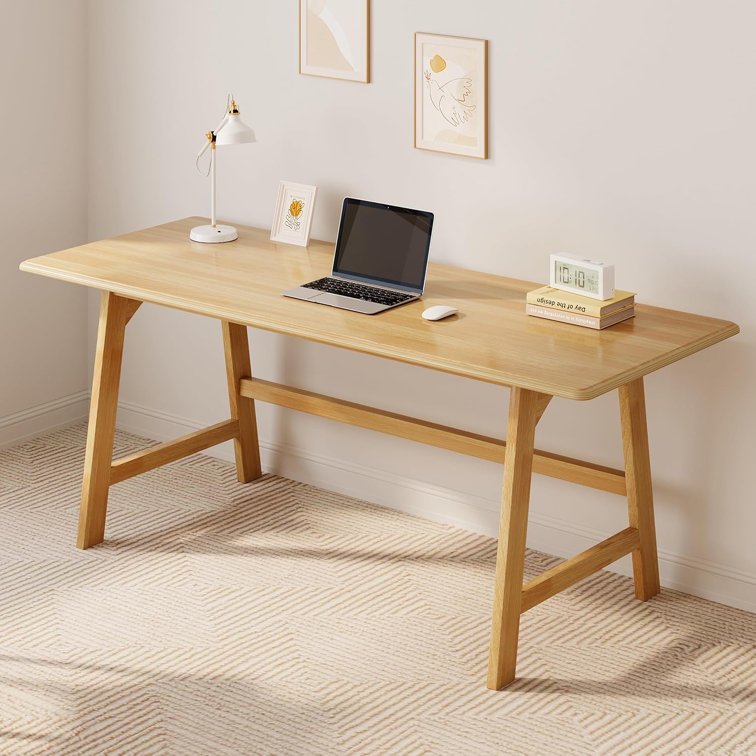 IOTXY Solid Wood Writing Table - 60" W x 24" D Minimalist Computer Desk for Home Office, Work, Study, Creativity, and PC Workstation, Oak