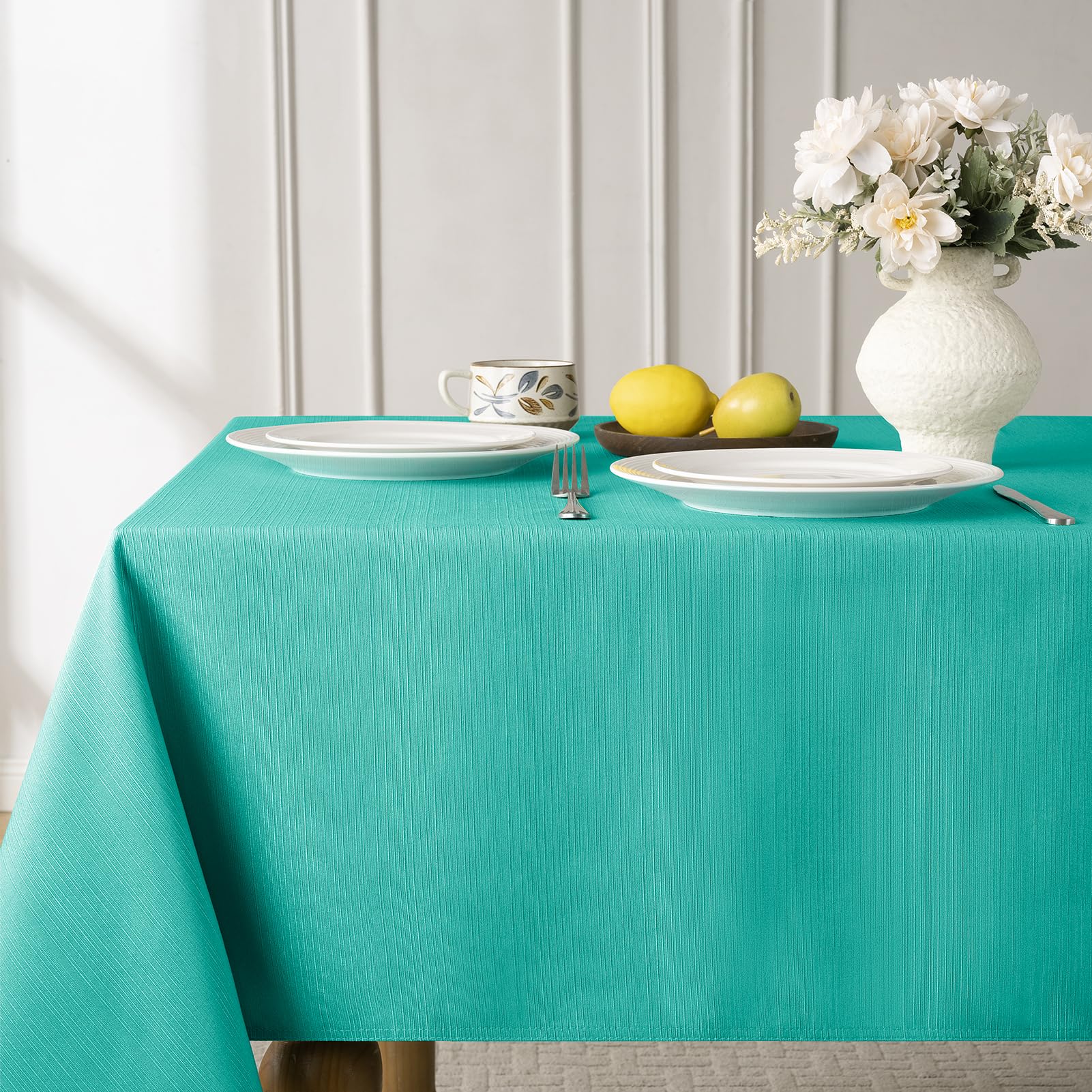 Softalker Teal Jacquard Rectangle Tablecloth - 52 x 70 Inch Spring Waterproof & Wrinkle Free Textured Heavy Weight Fabric Cover for Kitchen, Dining,