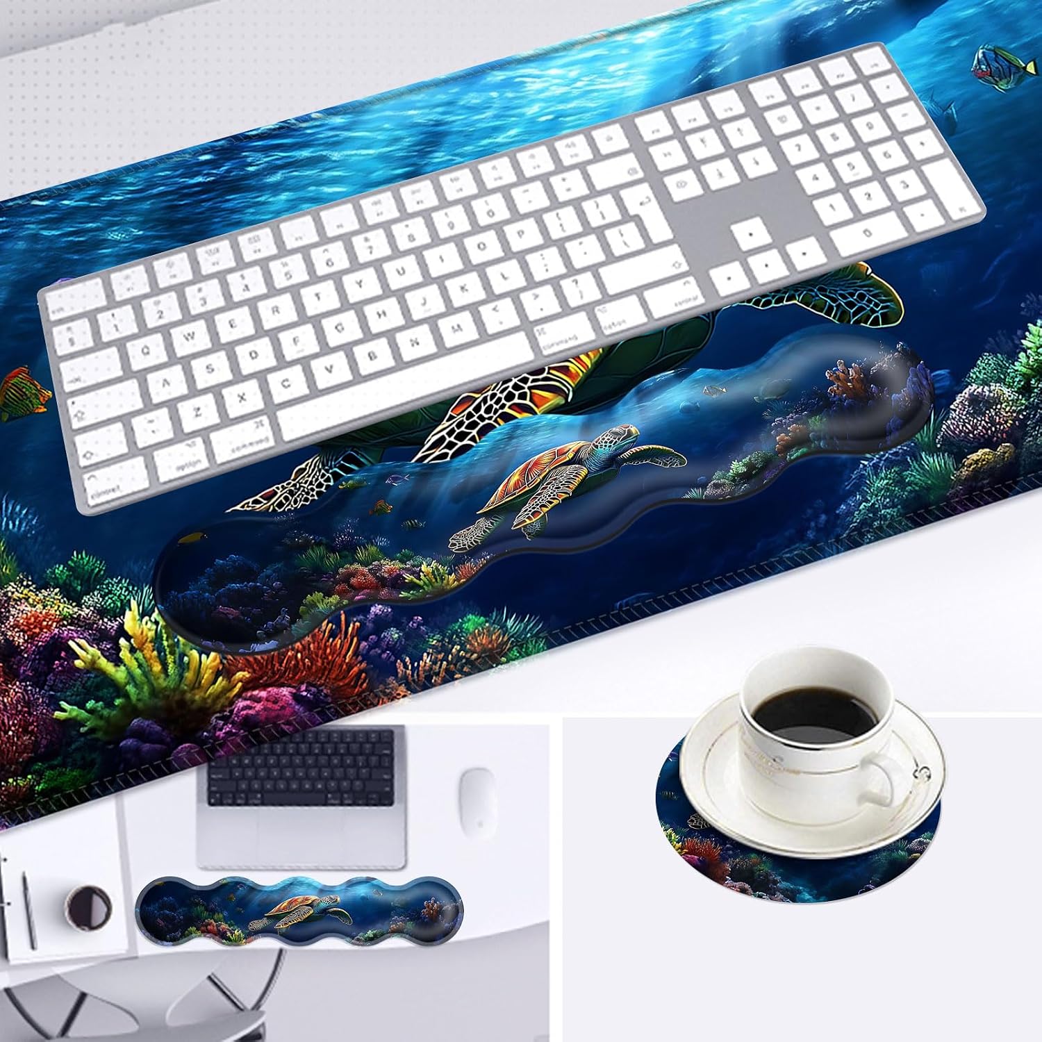 Large Mouse Pad and Keyboard Wrist Rest, Desk Pad for Keyboard and Mouse, 4-in-1 Large Gaming Mouse Pad with Wrist Support, Desk Mat for Home Office Study Game,Turtle Swimming in Ocean