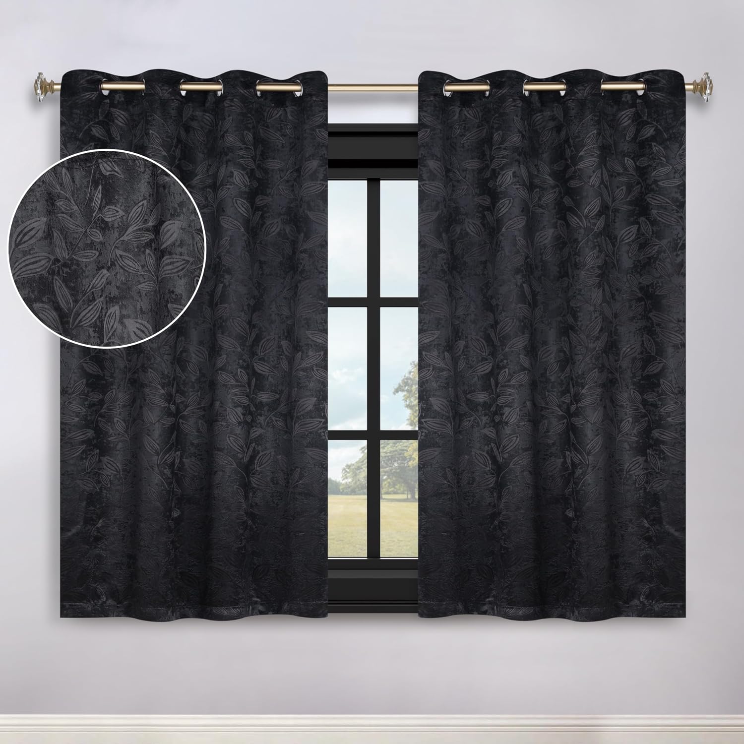 Superior Blackout Curtains, Room Darkening, Bedroom, Drapes, Kitchen, Living Room Window Accents, Sun Blocking, Thermal, 2 Pack, Leaves Blackout Curtains, Set of 2, 52" x 63", Black