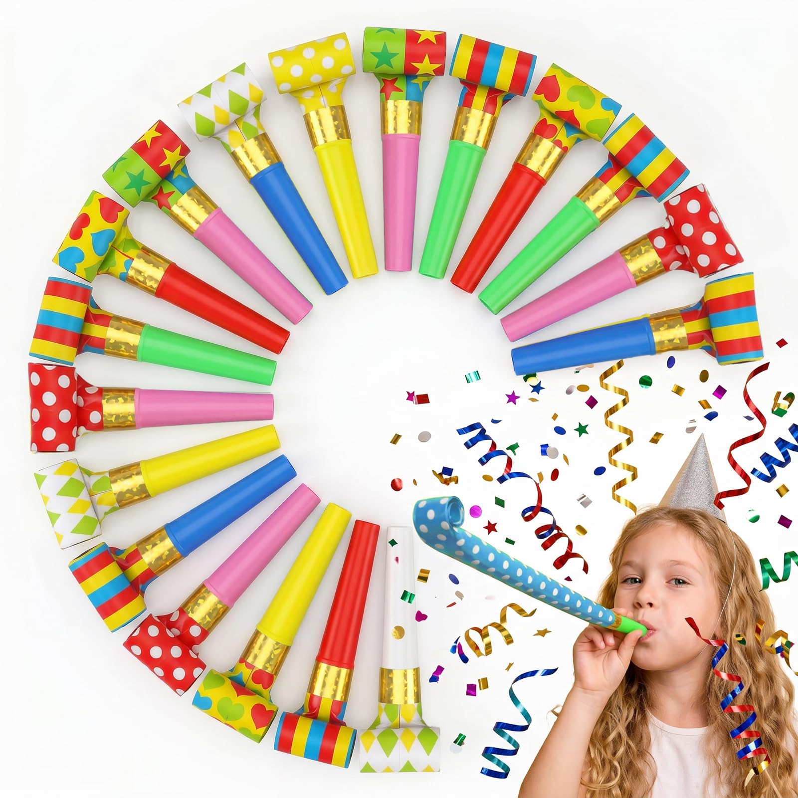 KFHENSOMR 20 Pcs Party Blower Blowouts, Noisemakers Funny Blow Horns Colorful Birthday Whistles Noisemakers Whistle New Years Party Blowouts