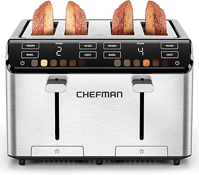 Chefman Smart Touch 4 Slice Digital Toaster, 6 Shade Settings, Touchscreen Bagel Toaster 4 Slice with Extra-Wide Slots, +10 Seconds, Defrost, Removable Crumb Tray Stainless Steel