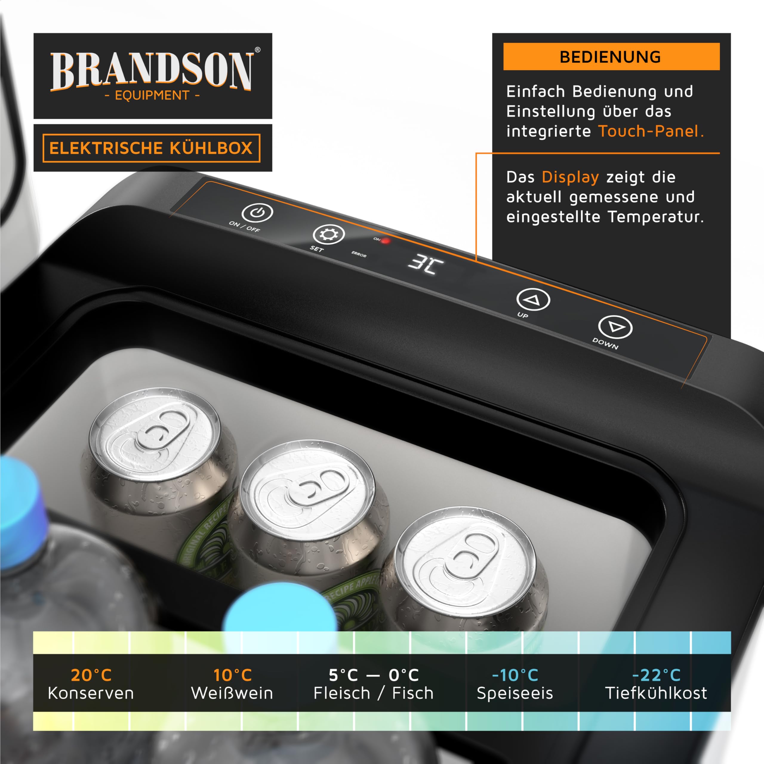 Brandson - ECO Kompressor Kühlbox XXL elektrisch - 30L Getränke Kühlschrank - Gefrierbox Kühlung bis – 22°C - Autokühlbox mit ECO Modus - 30 Liter 12V 24V KFZ – für LKW Auto Camping Boot – Cool Grey