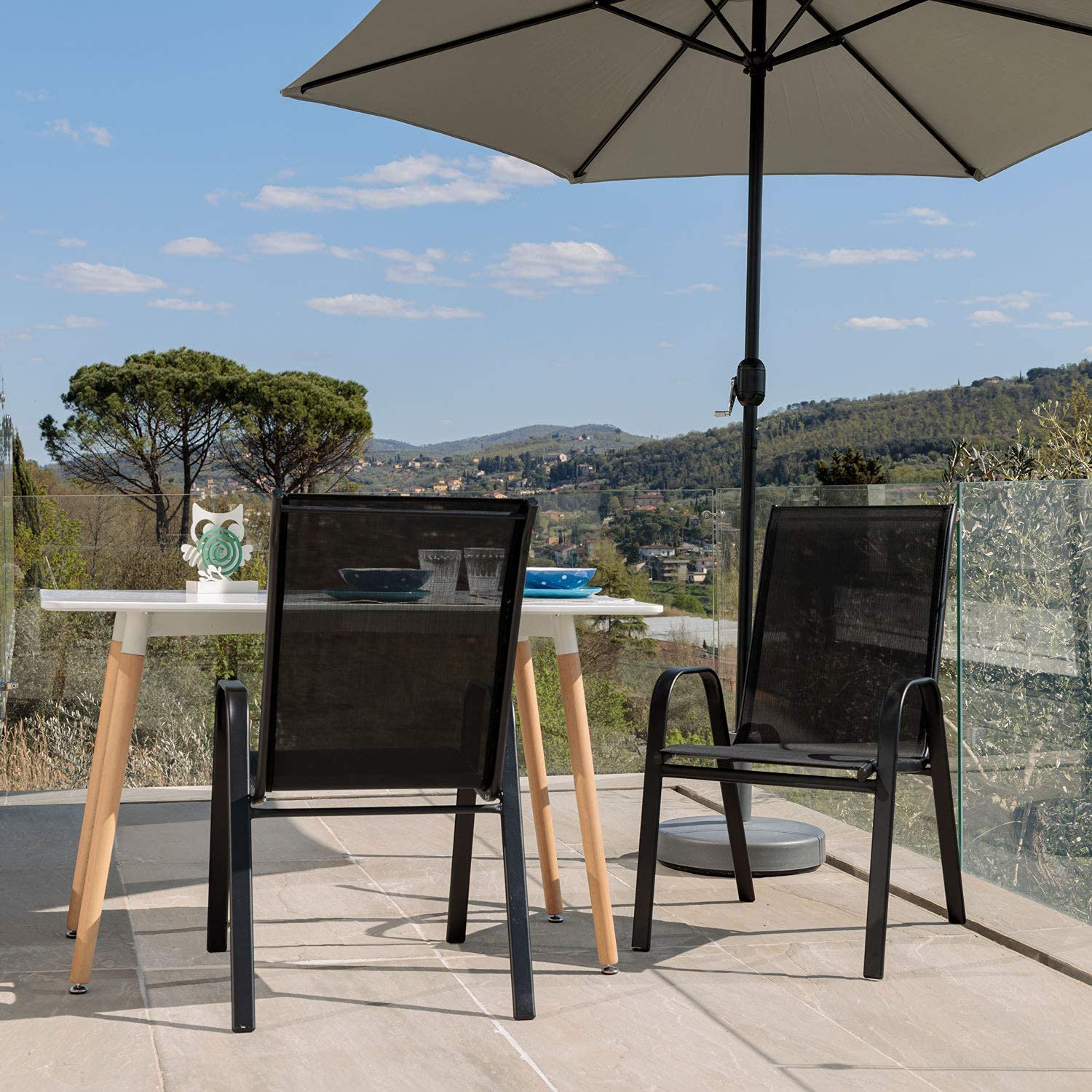 Baroni Home Set Sedie da Giardino con Schienale Alto, Sedie da Esterno per Giardino, Terrazza, Balcone, Veranda, Piscina, in Metallo e PVC, Sedie Impilabili, 91x66x54 cm, Colore Nero, 4 Pezzi