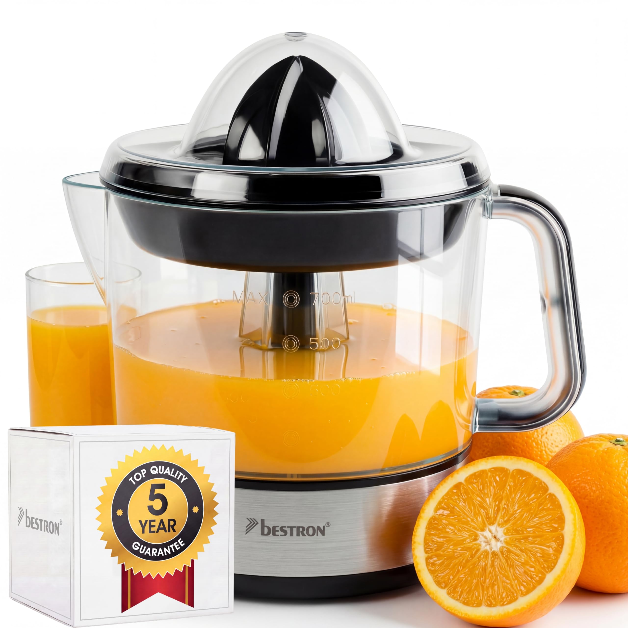 Bestron elektrische Zitrus- & Orangenpresse, inkl. 2 Presskegel und Aromadeckel, Motor mit zwei Drehrichtungen (links/rechts), Füllmenge: 0.7 Liter, 40 Watt, Farbe: Silber, ACJ350Z