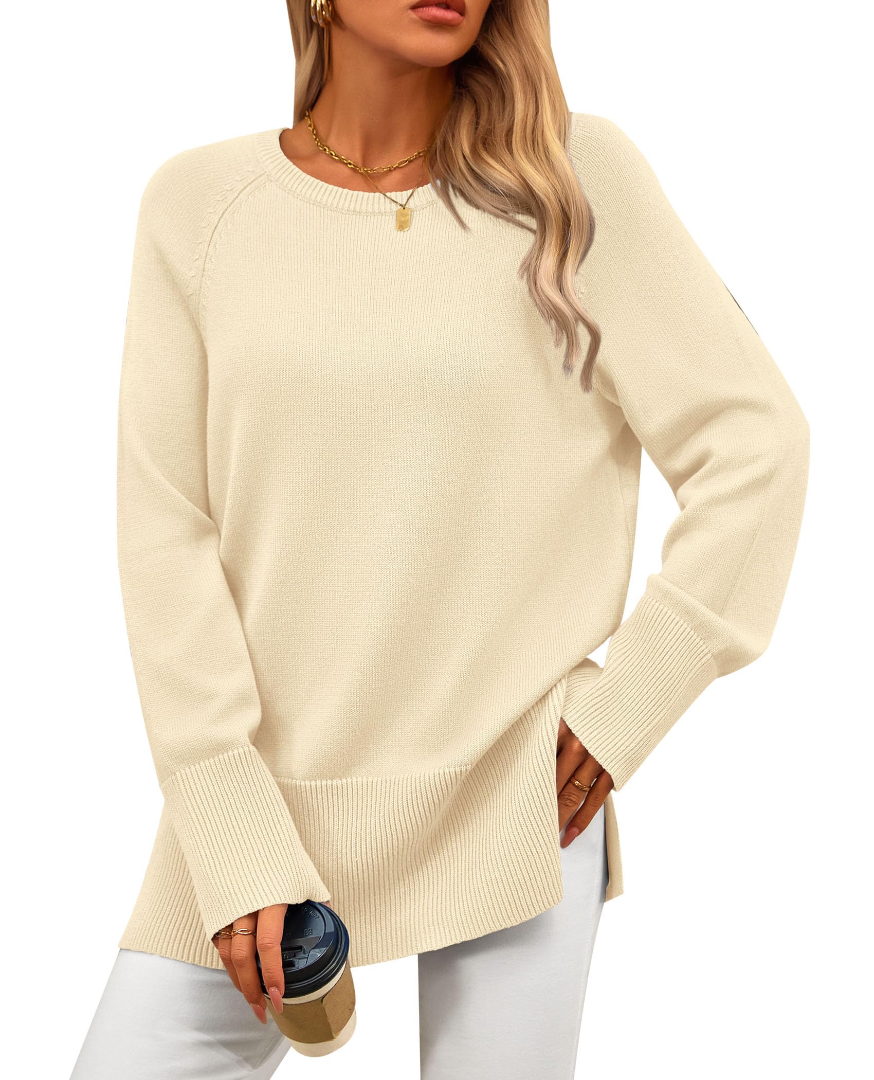 PRETTYGARDEN Womens Knit Fall Sweaters Long Sleeve Pullover Crewneck Split Hem Oversized Tunic Sweater Tops Winter Clothing