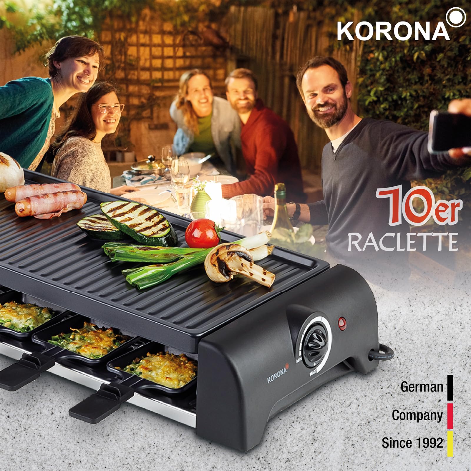 Korona 45060 Raclette per 10 persone | Raclette XXL con 10 padelle e spatole in legno | piastra antiaderente | cavo lungo 1,2 m | 1500 Watt, nero