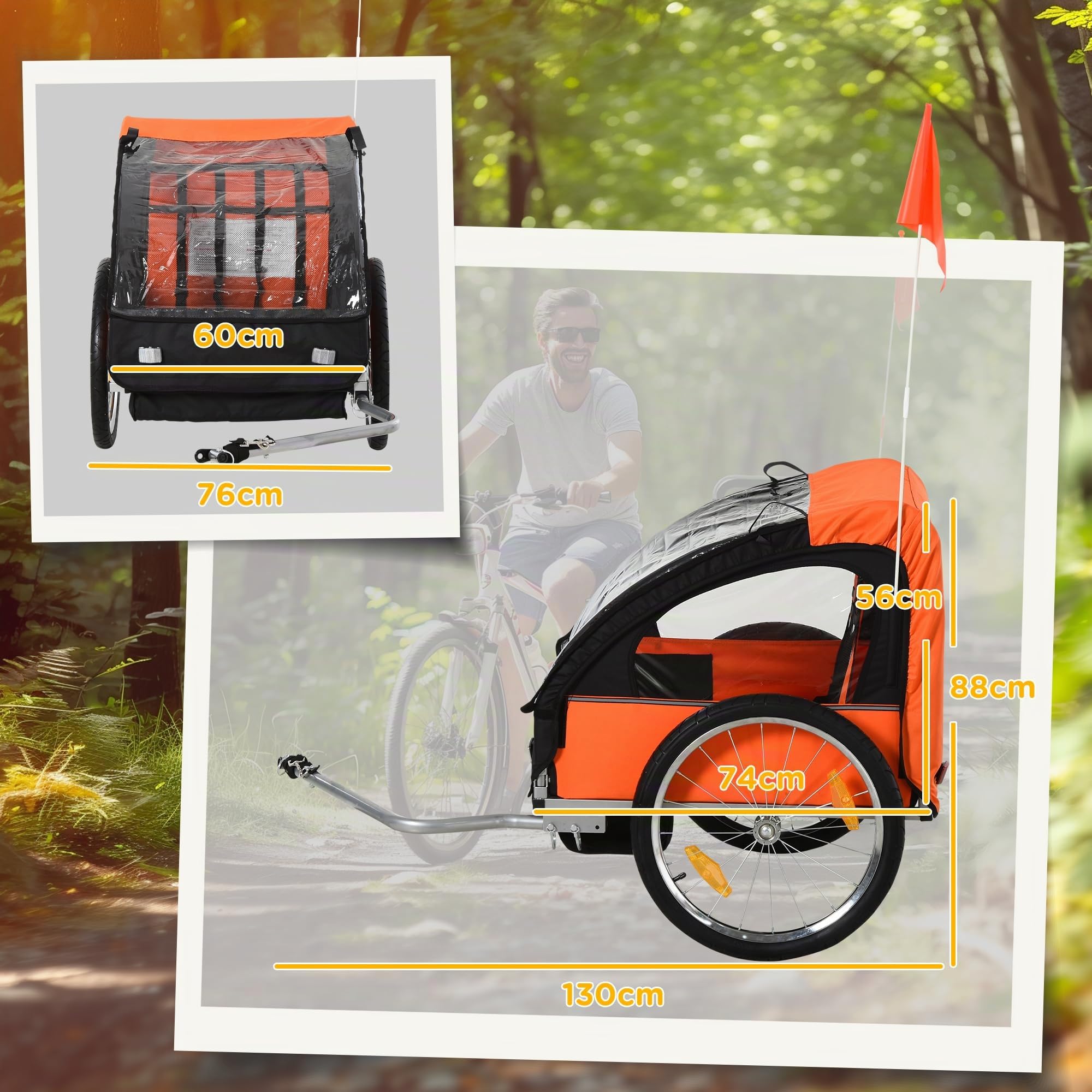HOMCOM Remorque vélo pour enfants avec 2 sièges, 2 ceintures de sécurité, cadre en acier et housse en textile Oxford Orange