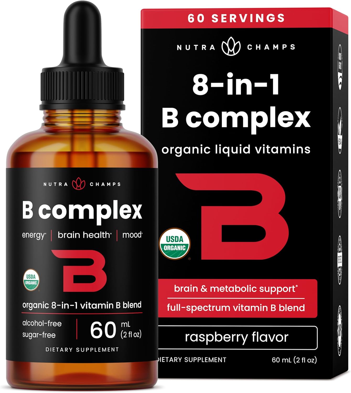 USDA Organic Vitamin B Complex Liquid Drops | B Vitamins Complex Supplement with B1, B2, B3, B6, B7, B9 & Methyl B12 Drops for Adults & Kids | Vegan Berry Flavor 2oz | 60 Servings / 2 Month Supply USDA Organic Vitamin B Complex Liquid Drops | B Vitamins Complex Supplement with B1, B2, B3, B6, B7, B9 & Methyl B12 Drops for Adults & Kids | Vegan Berry Flavor 2oz | 60 Servings / 2 Month Supply