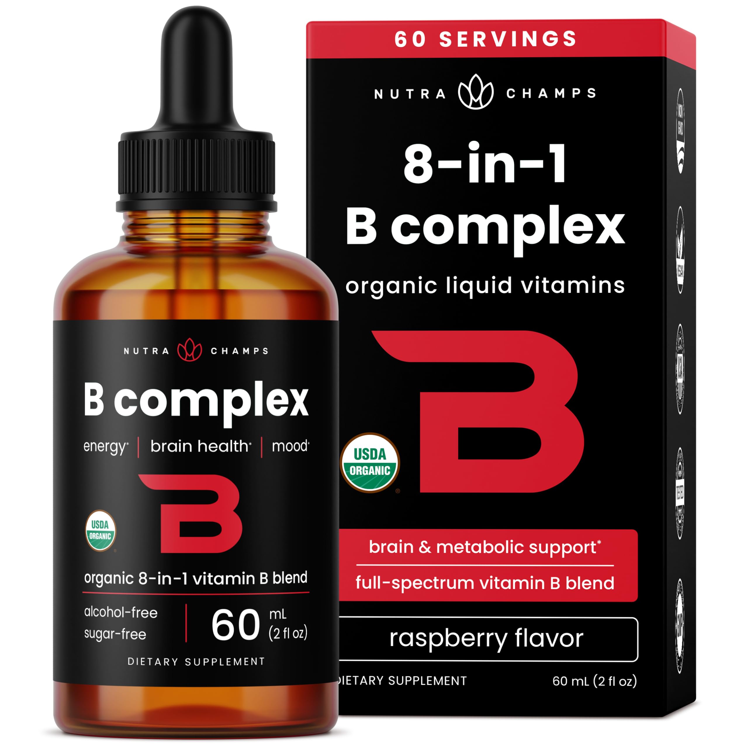 Vitamin B Complex Liquid Drops with Fast Absorption - Sublingual Drops Supplement - Vitamins B1, B2, B3, B6, B7, B9 & Methyl B12 for Men, Women & Kids - Vegan Berry Flavor 2oz