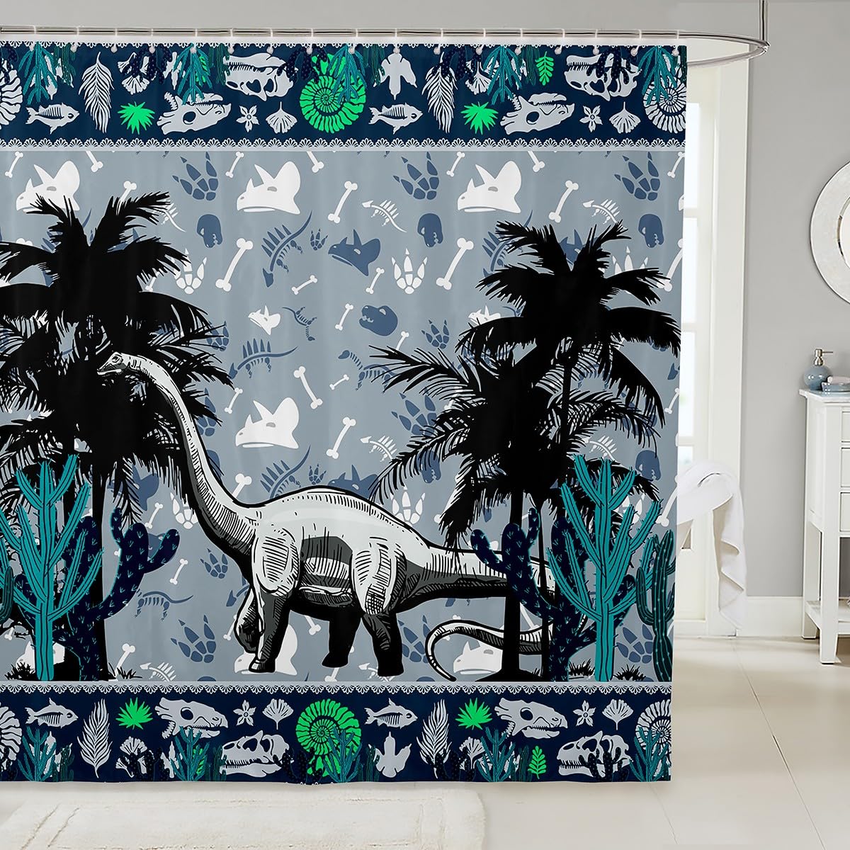 Funny Dinosaur Shower Curtain - T-Rex & Palm Trees Design, Rustic Bathroom Decor, Polyester Fabric, 70x70 Inches - View #5
