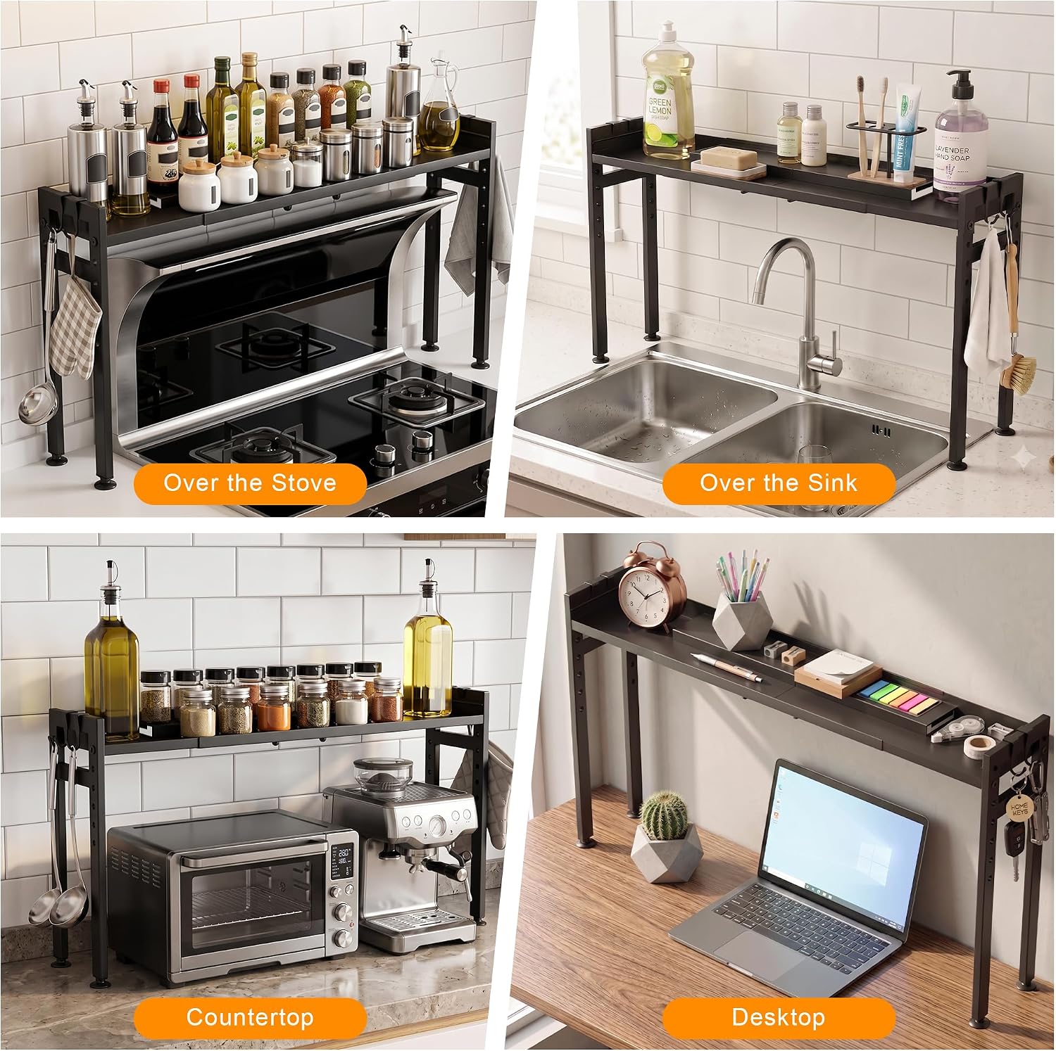 Over the Stove Spice Rack Expandable Tiered Shelf with Flat Storage
