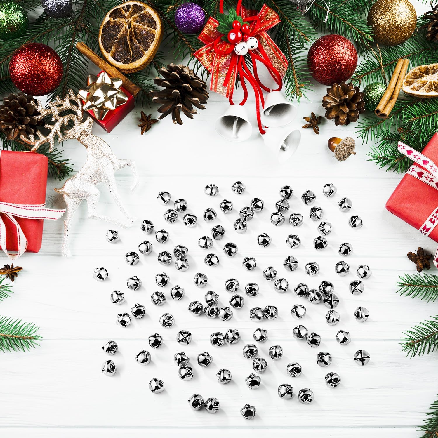 100pcs Jingle Bells for Crafting, 0.31in Christmas Mini Bells DIY Small Bells for Crafts Decorative Tiny Metal Bells for Holiday Festival Gift Boxes Decorations (Silver)