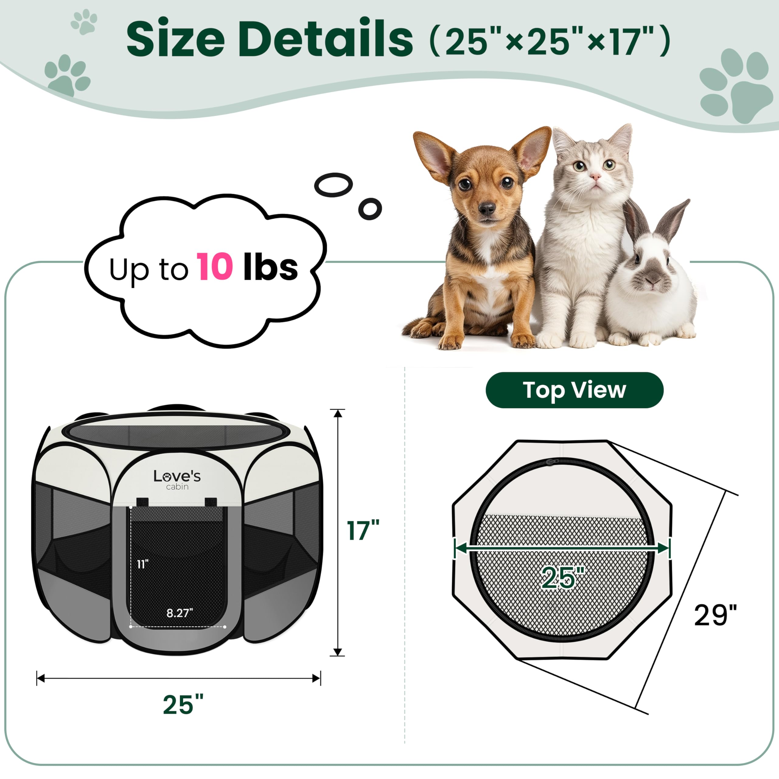 Love's cabin Pet Puppy Dog Playpen, Small Dog Tent Crates Cage Indoor/Outdoor, Portable Playpen for Cat, Foldable Pop Up Dog Kennel Playpen with Carring Case, Removable Zipper Top, Grey - image 3