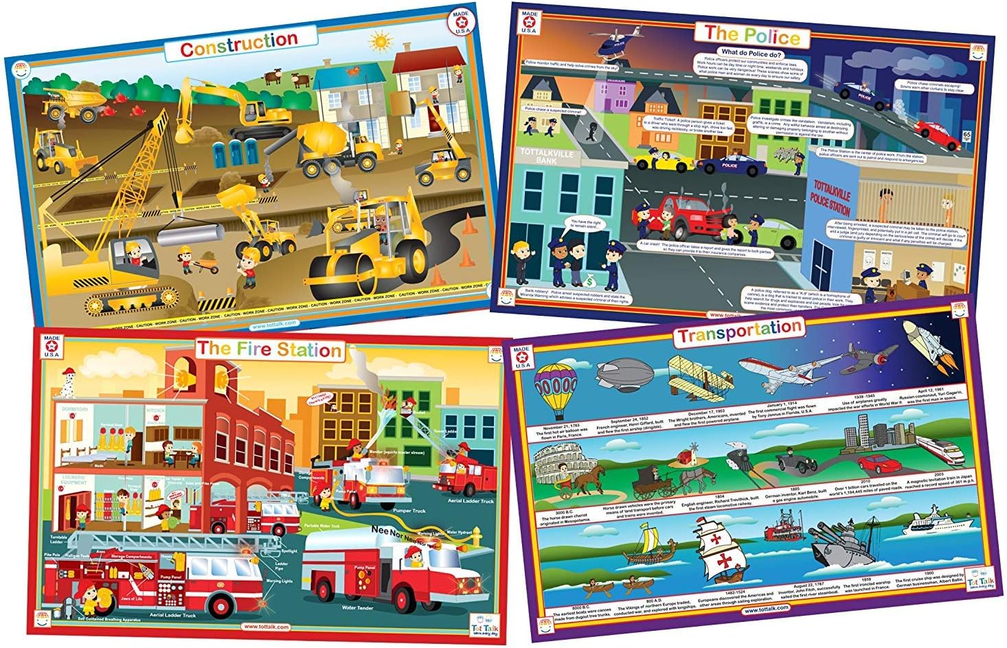 Tot Talk Vehicles & Community Helpers Educational Placemat 4-Pack for Kids – Made in USA – Transportation, Construction, Fire Station, & Police – Durable, Double-Sided, Waterproof, Wipeable Mats