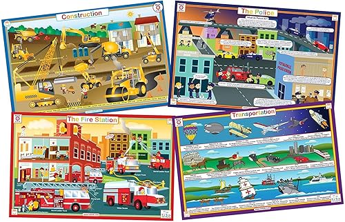 Tot Talk Vehículos - Juego de 4 manteles individuales educativos para niños, construcción, camiones de bomberos, policía, transporte, actividades