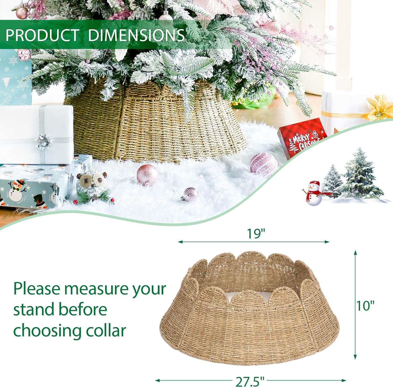 Joyhalo Christmas Tree Collar, 27.5in Wicker Tree Skirt Collar for 7.5 ft Tree, Rustic Handcrafted Woven Tree Collar for Pencil Tree, Xmas Basket Tree Collar, Farmhouse Rattan Tree Base Collar Cover