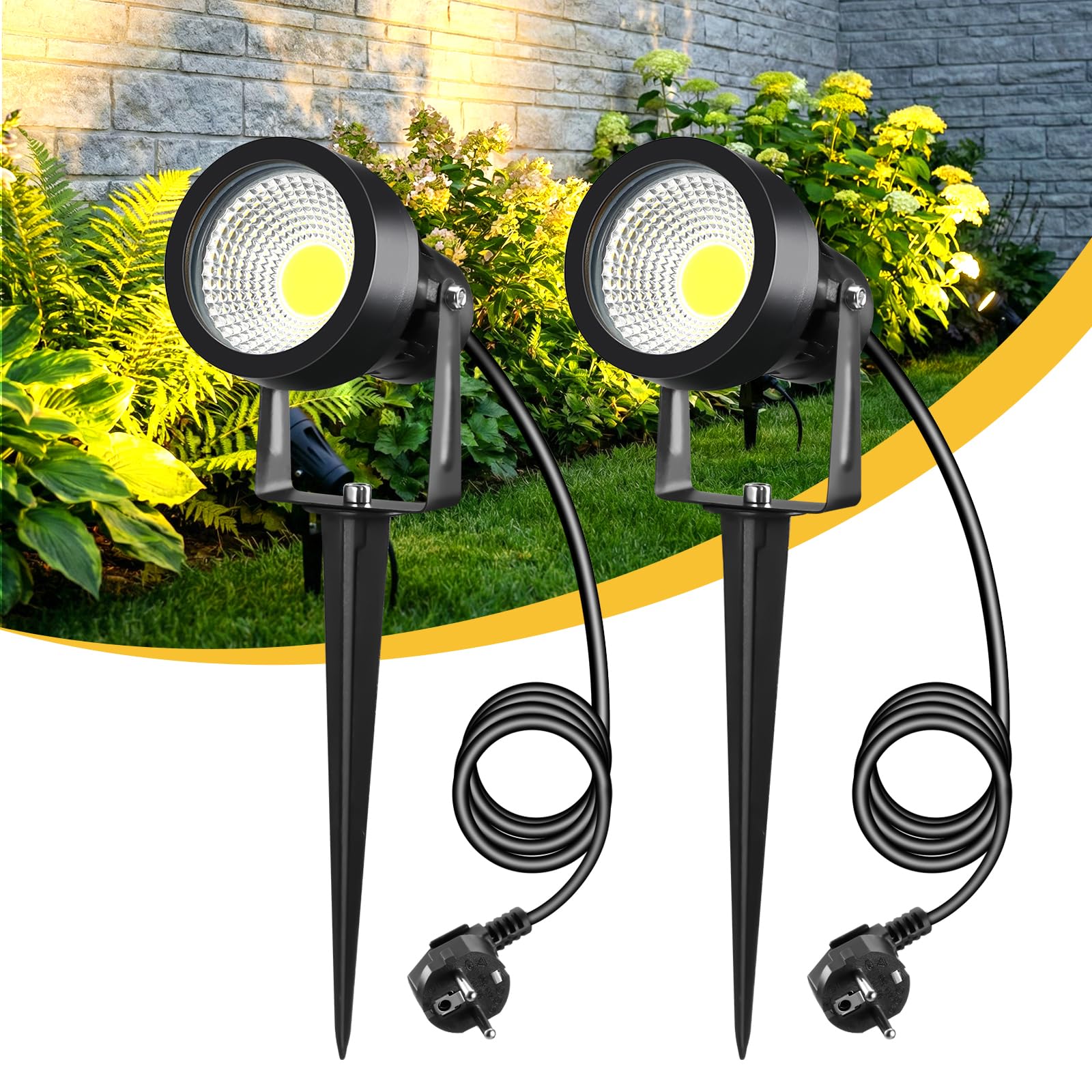 7W Spot LED Extérieur avec Piquet, 700lm Ultra-Lumineux Lampe Jardin, IP65 Lumiere Exterieur, 3000K Lumiere pour Murs, Terrasses, Arbres et Allées, 2 Pièc