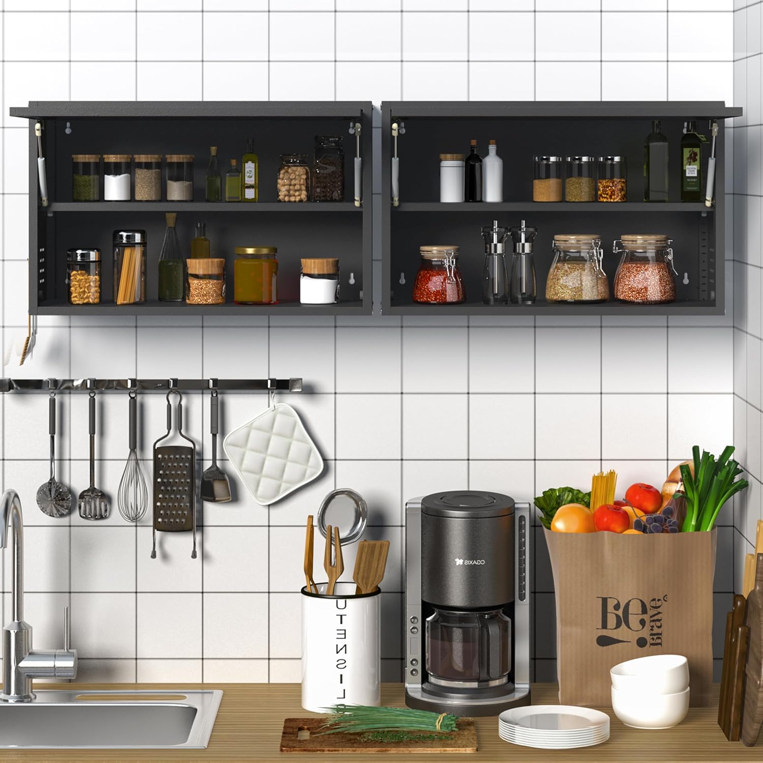 Metal Wall Cabinet with Up-flip Door,Metal Wall Storage Cabinet with Adjustable Shelf,Wall Mounted Tool Cabinets with Pegboard for Garage,Basement,Home Office, Kitchen,Warehouse-Black
